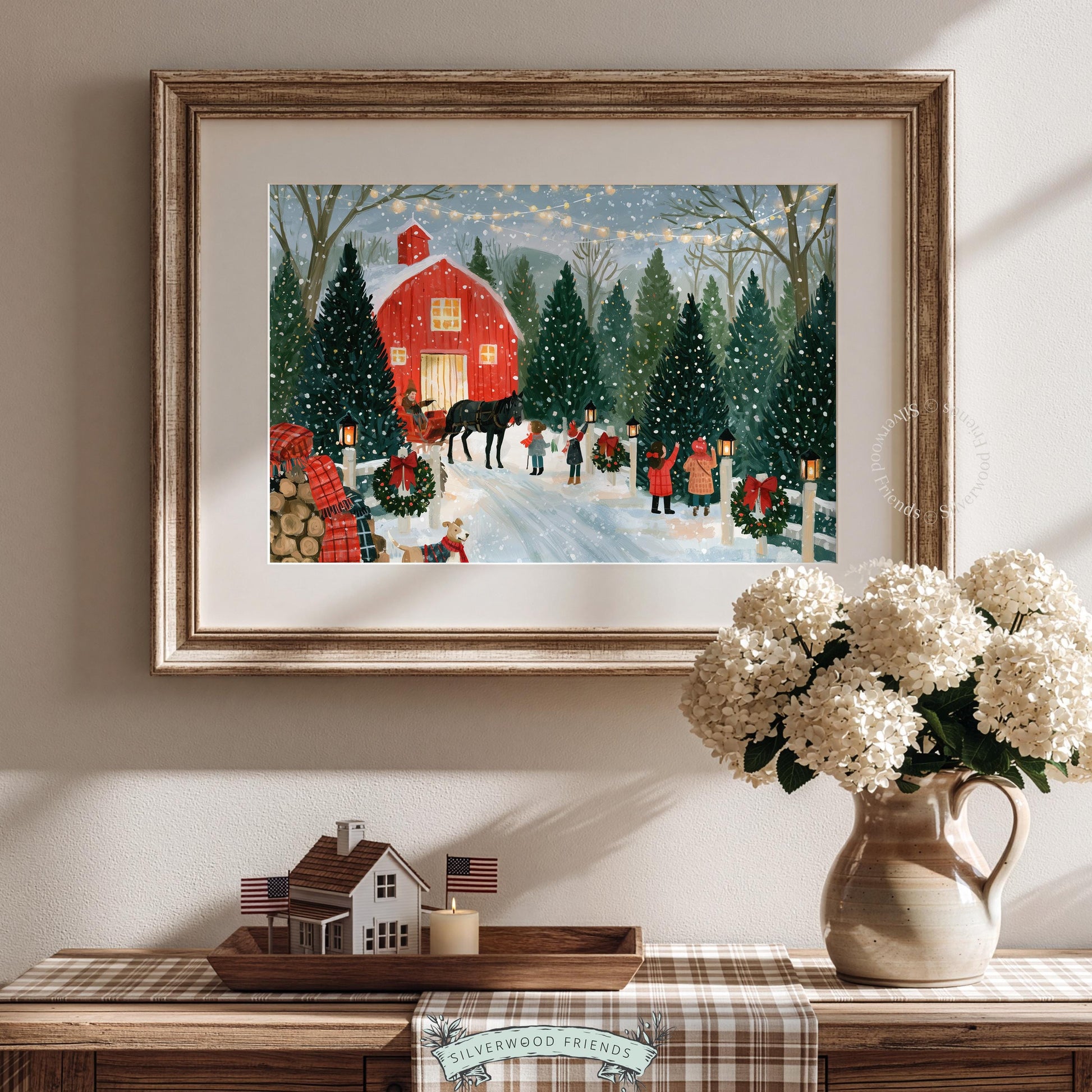 Cozy seasonal evergreen farm poster instant download for bedroom — vintage-inspired Christmas scene with peaceful pastoral setting