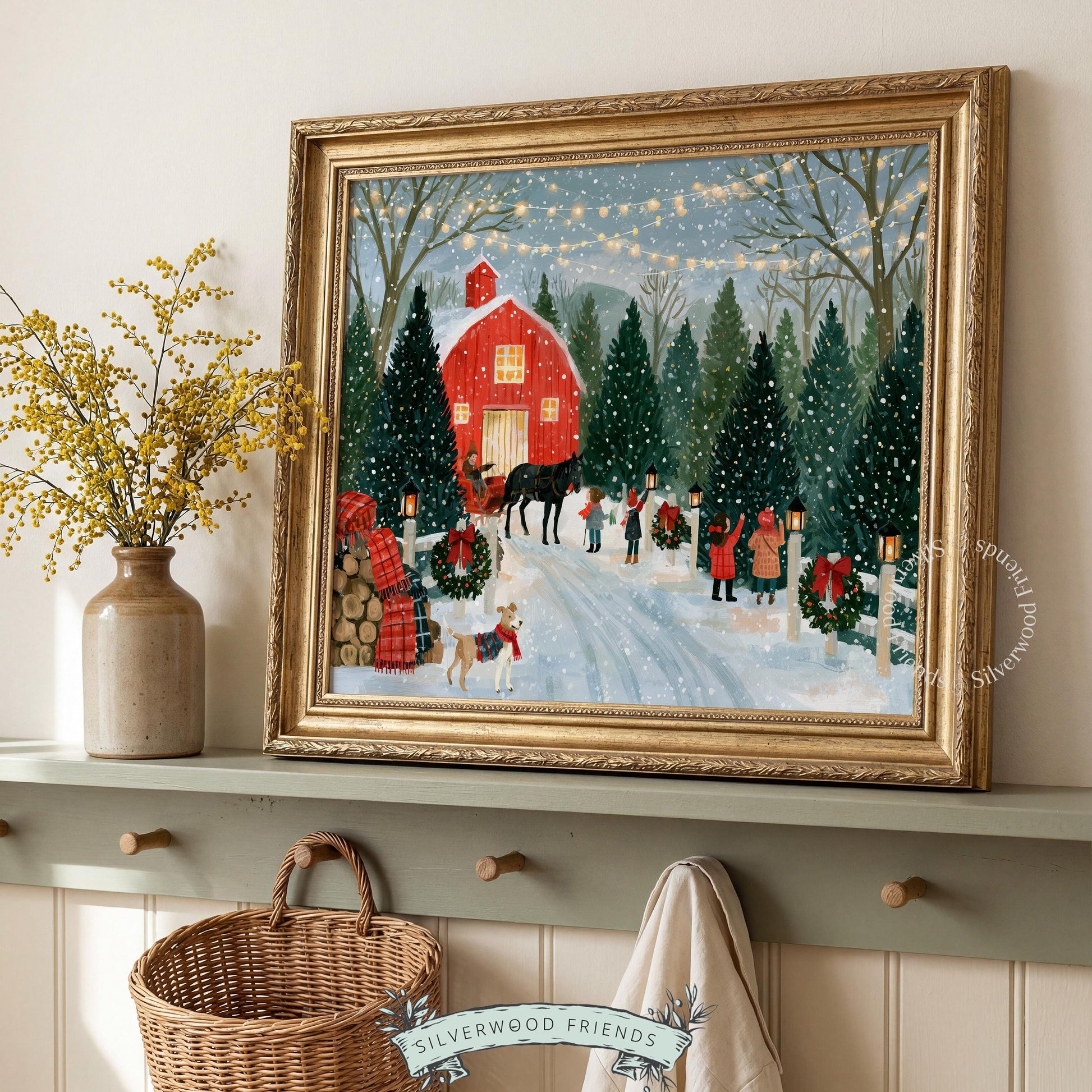 Vintage-style evergreen forest painting instant download for family room — festive gathering scene with warm atmospheric lighting
