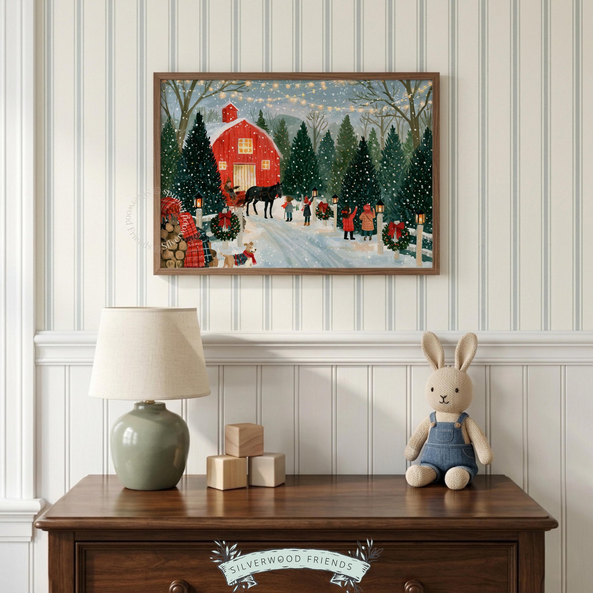 Warm winter tree farm painting digital print for cottage — charming holiday illustration with stacked firewood, wreaths, and glowing barn