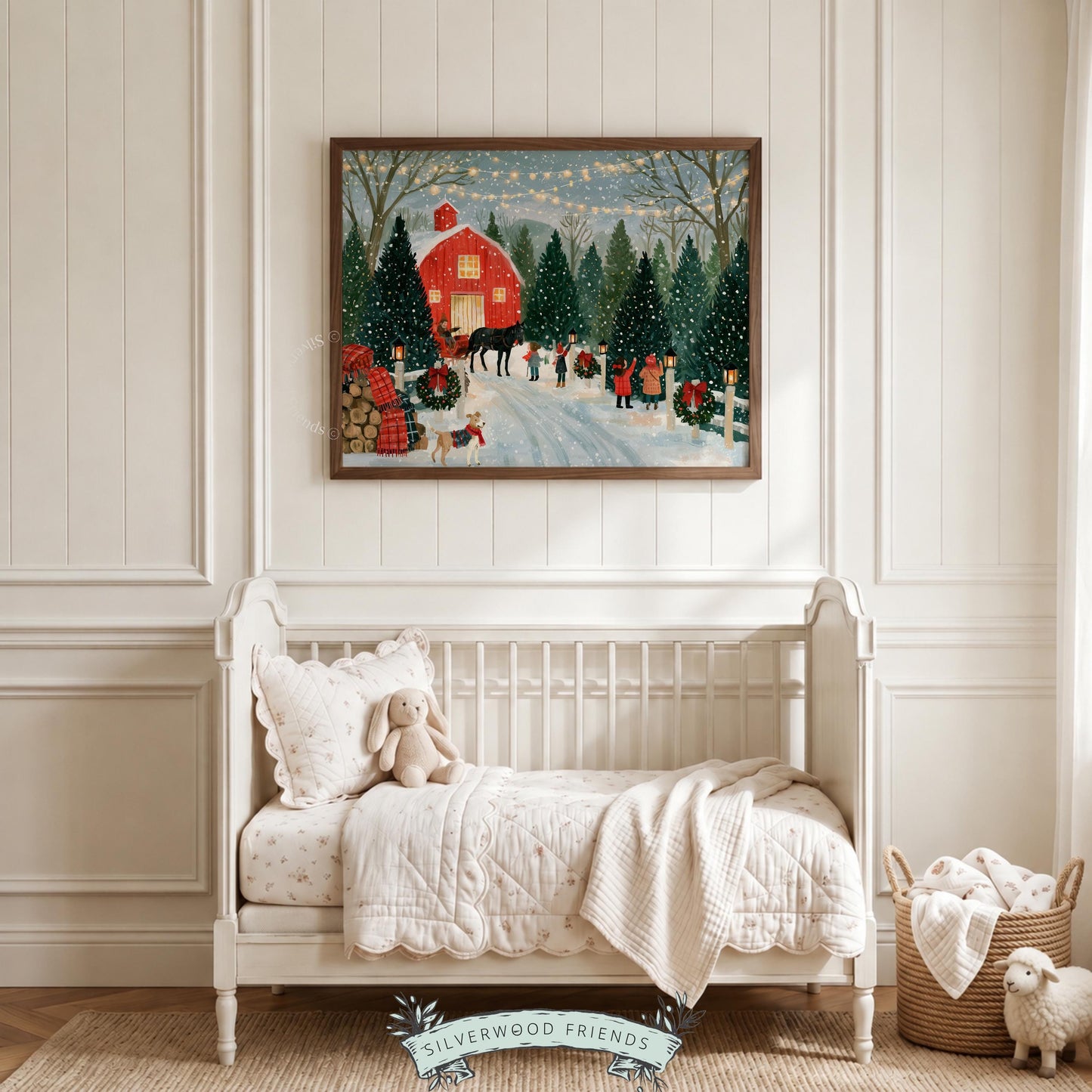 Nostalgic Christmas tree shopping picture wall art printable — vintage festive scene for holiday hosting, featuring families and evergreens
