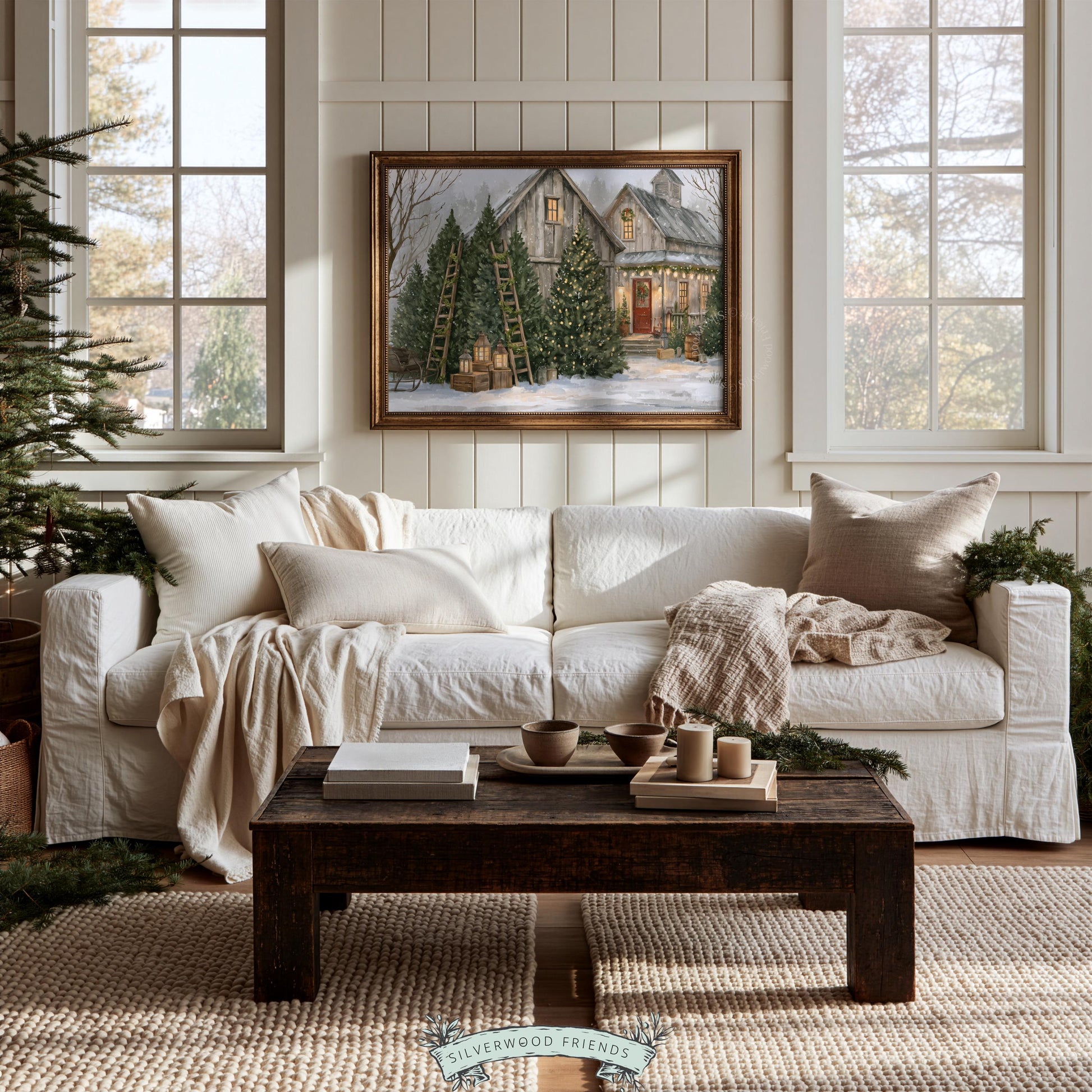 Charming winter farm digital print for living room — quiet holiday scene with decorated trees, lights, and rustic barn