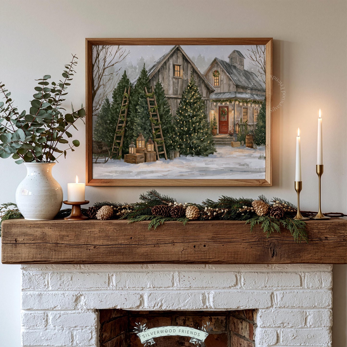 Vintage Christmas tree farm wall art for den — weathered structures, lanterns, and luminous festive details