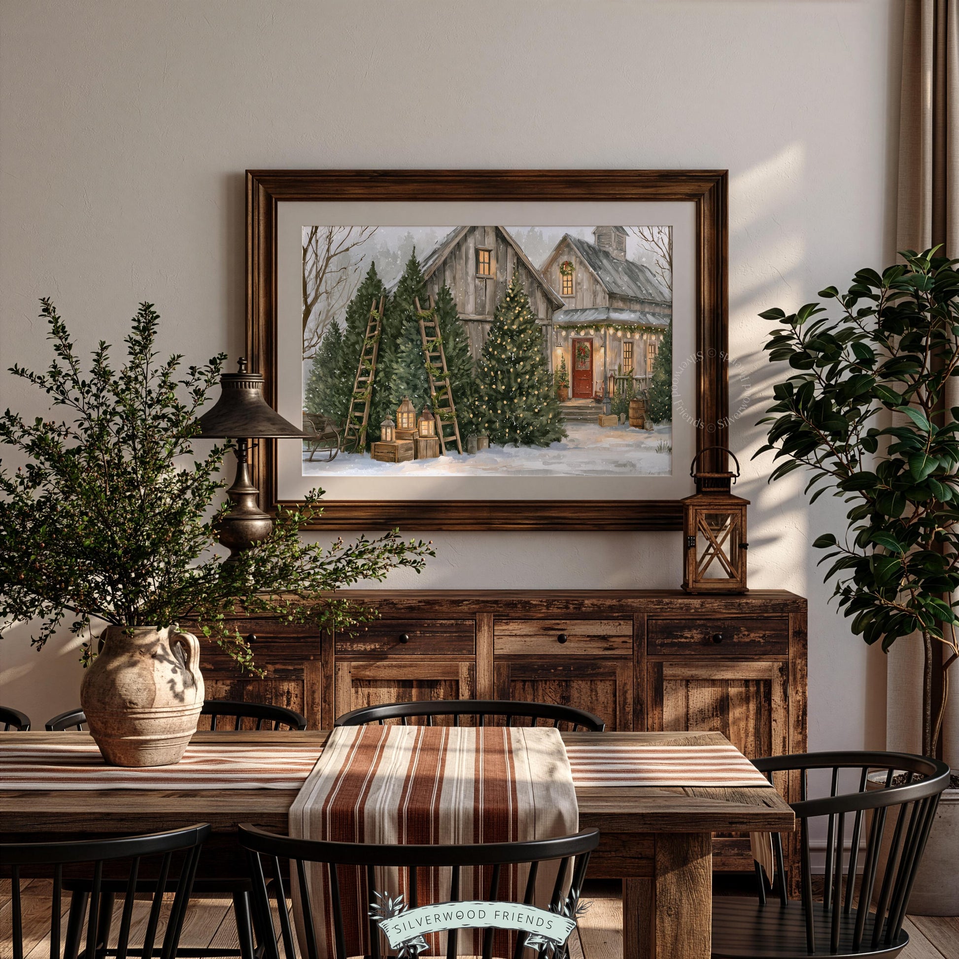 Vintage winter barn printable art for living spaces — peaceful countryside Christmas scene with atmospheric mist