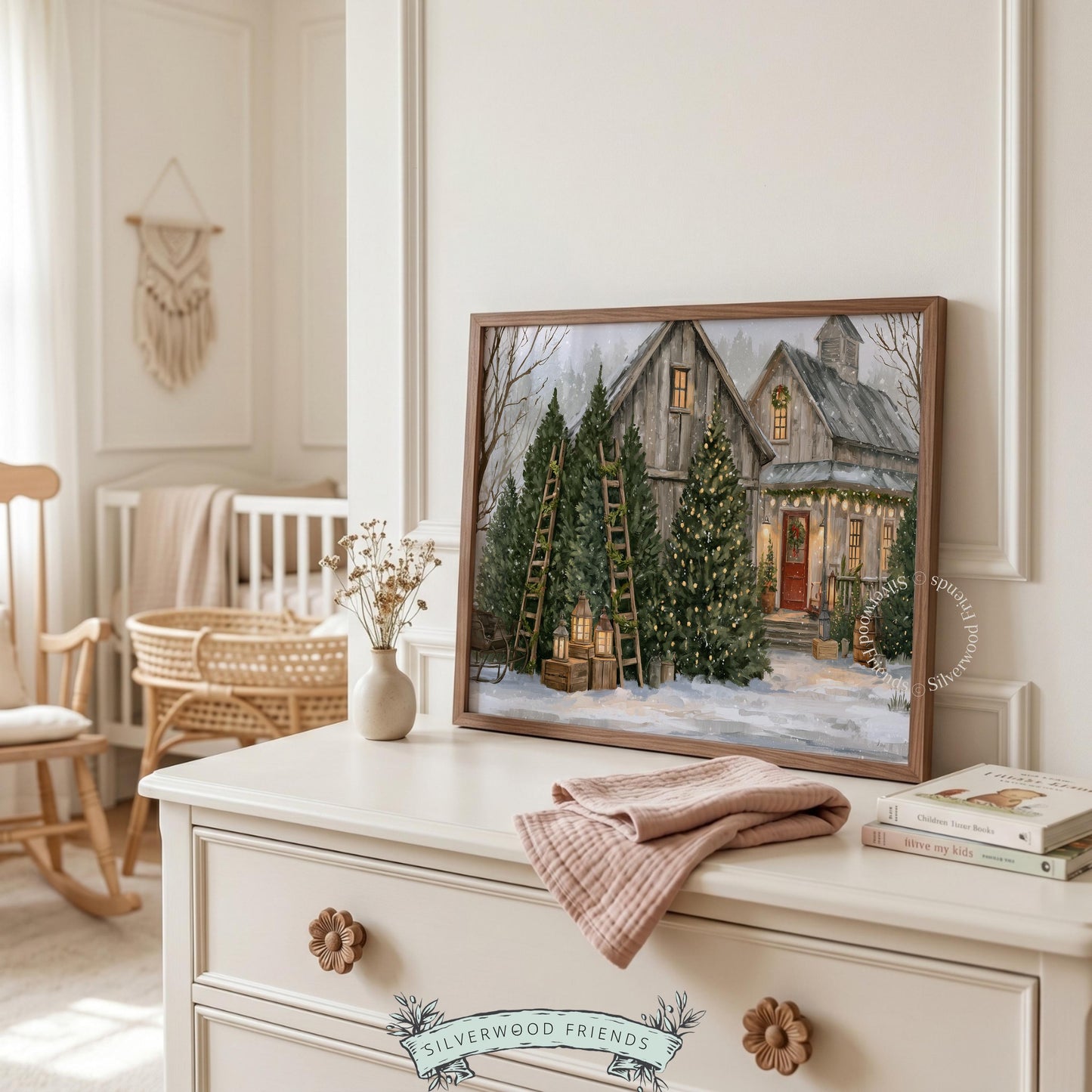 Christmas farmhouse picture with ladder and crates — vintage aesthetic holiday print for seasonal displays