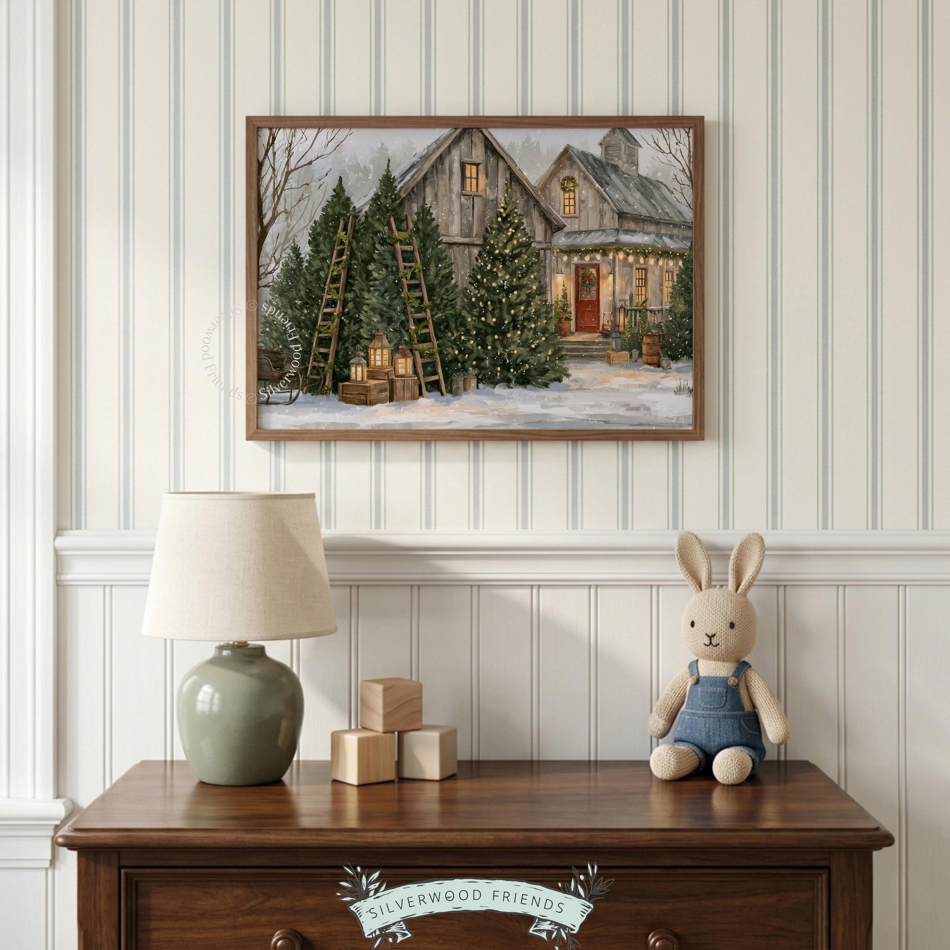 Snowy evergreen farm wall art for bedroom — quiet rustic holiday moment with weathered barn and soft brushwork