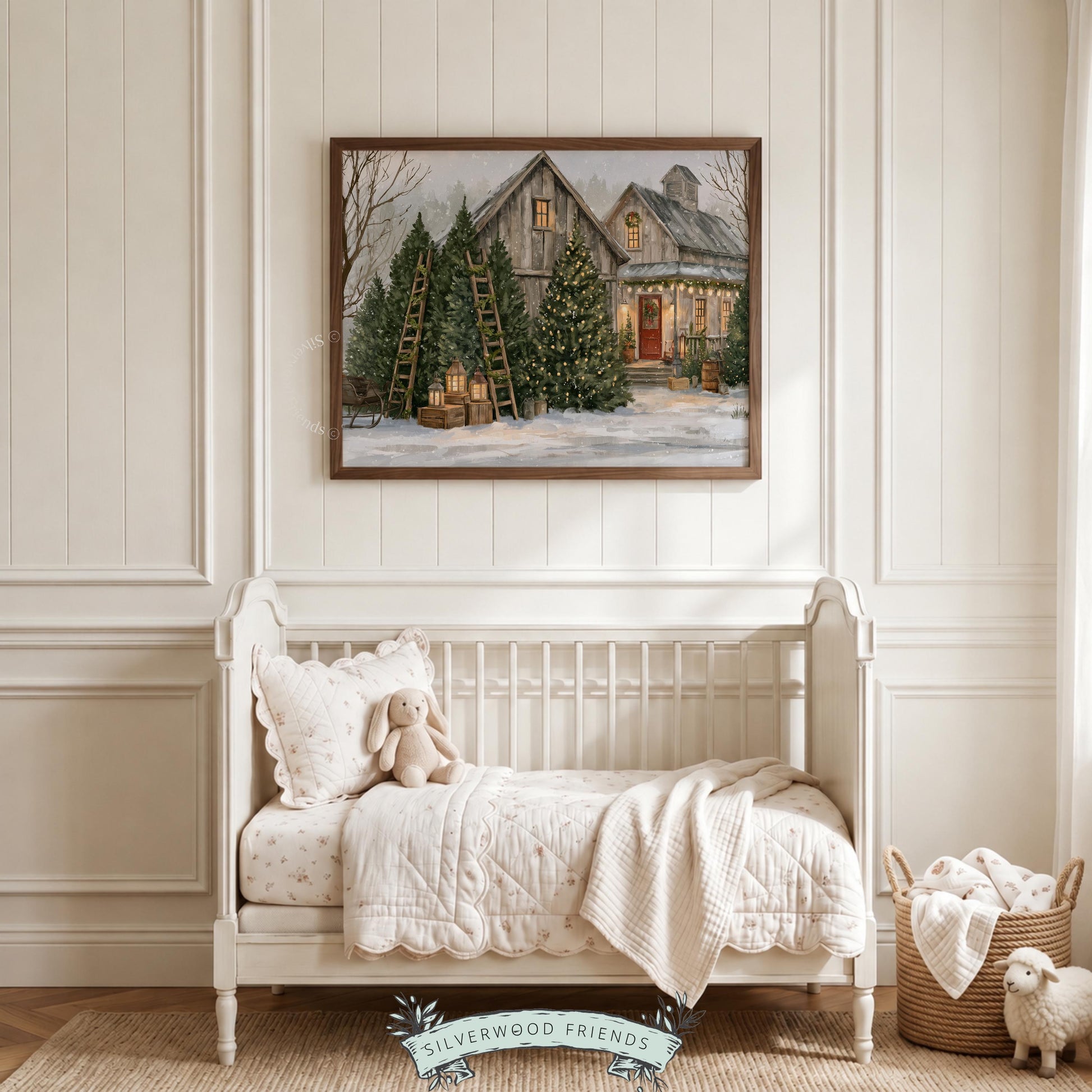 Vintage holiday tree farm poster for year-round display — peaceful farmhouse Christmas setting with atmospheric winter palette