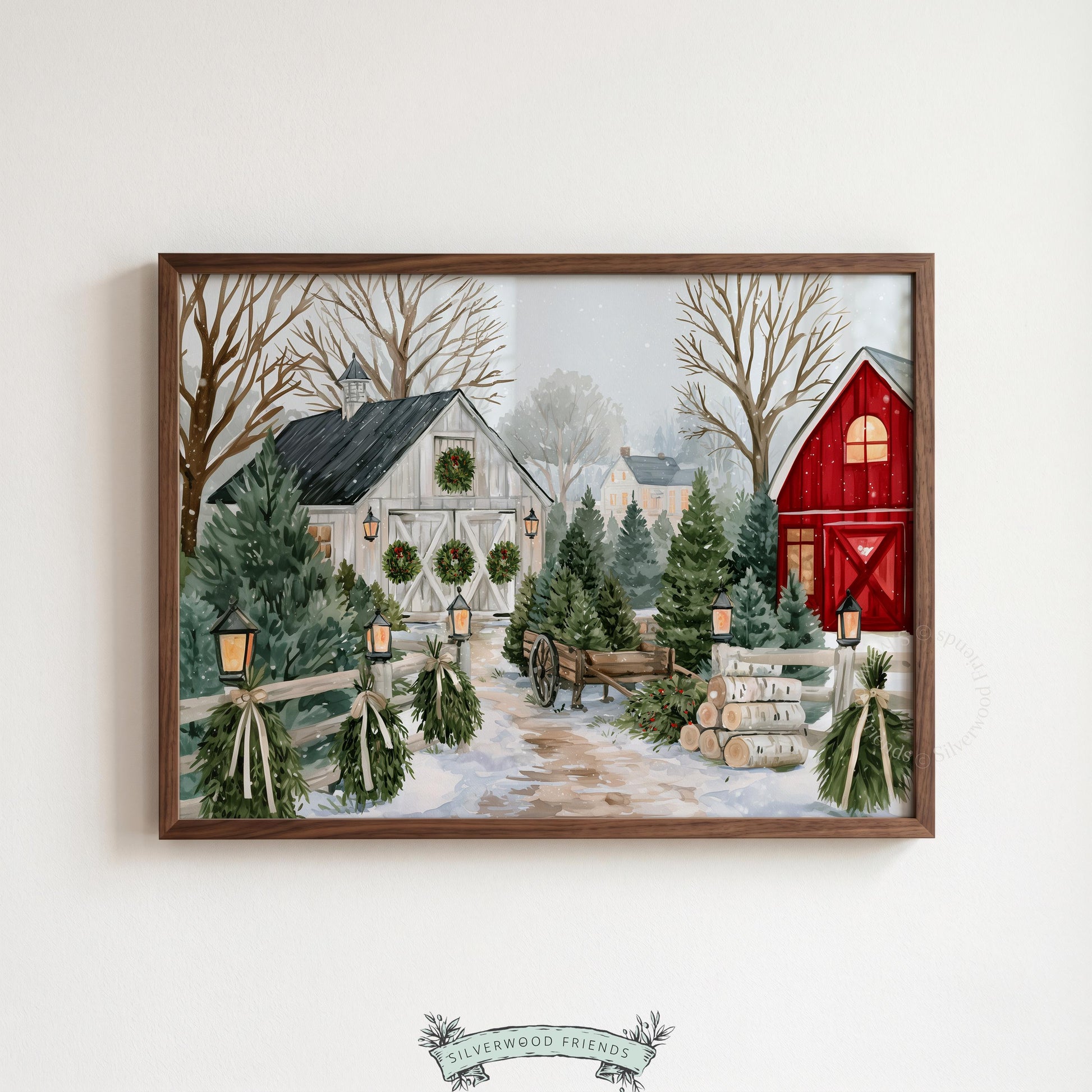 Country holiday barn artwork for bedroom — snowy rural setting with glowing lanterns and traditional farm buildings