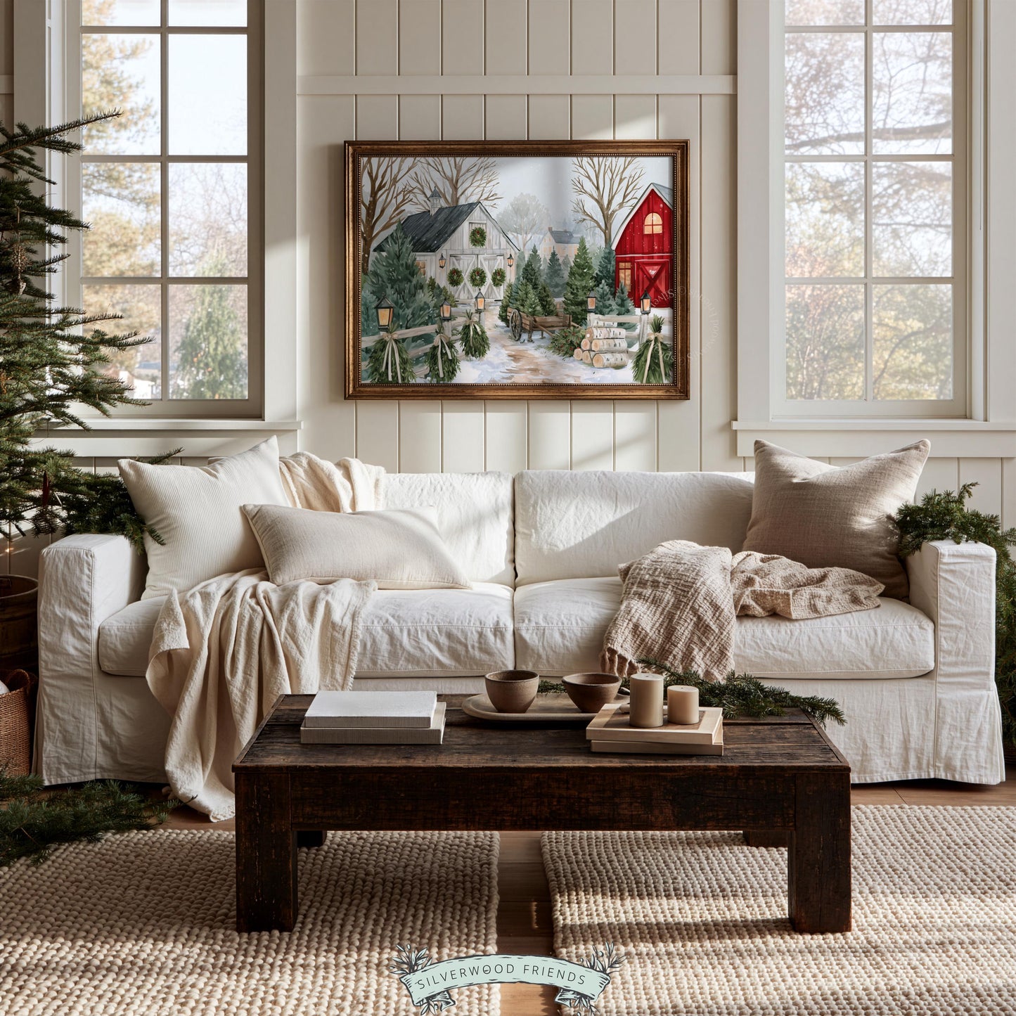 Cozy holiday barn wall picture instant download — serene winter landscape with wreaths, lanterns, and rural farm setting
