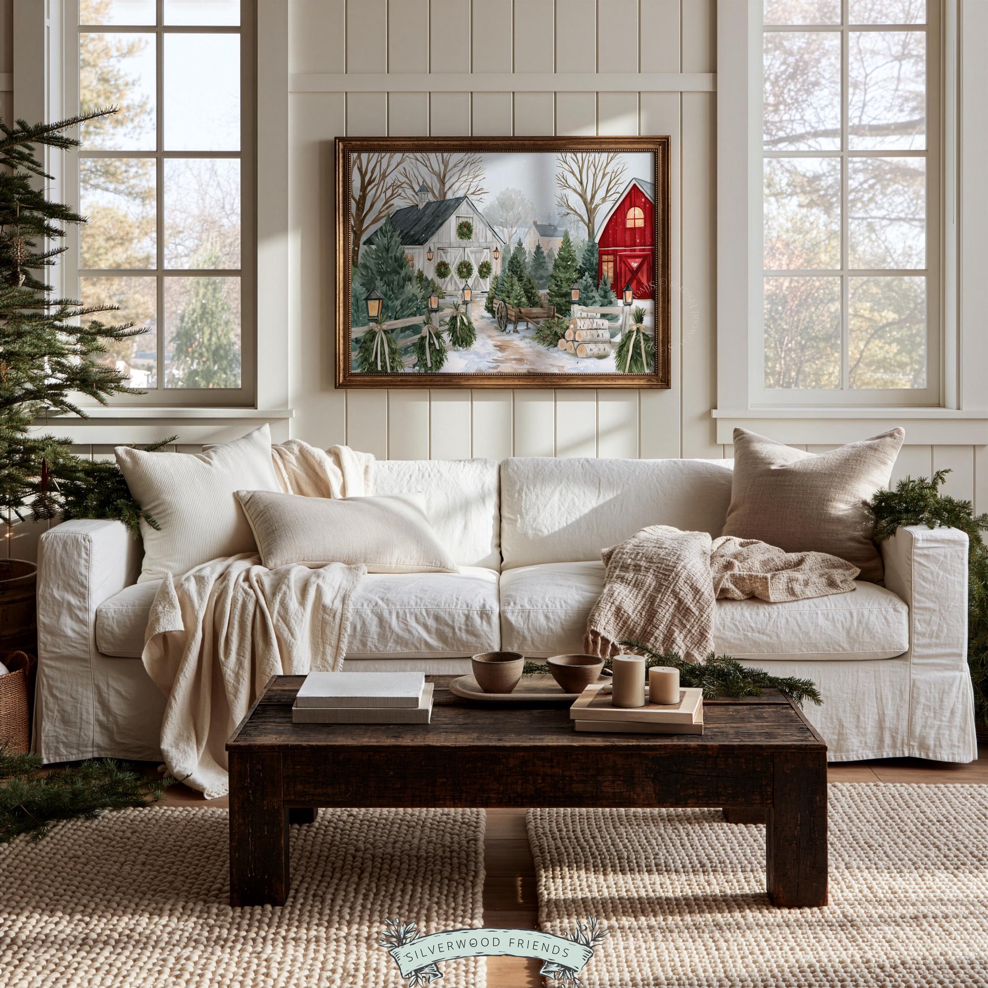 Cozy holiday barn wall picture instant download — serene winter landscape with wreaths, lanterns, and rural farm setting