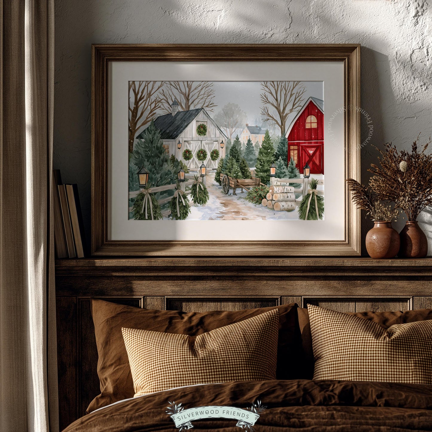 Seasonal evergreen seller scene print for office — vintage-inspired view of rustic farm buildings amid fresh holiday foliage
