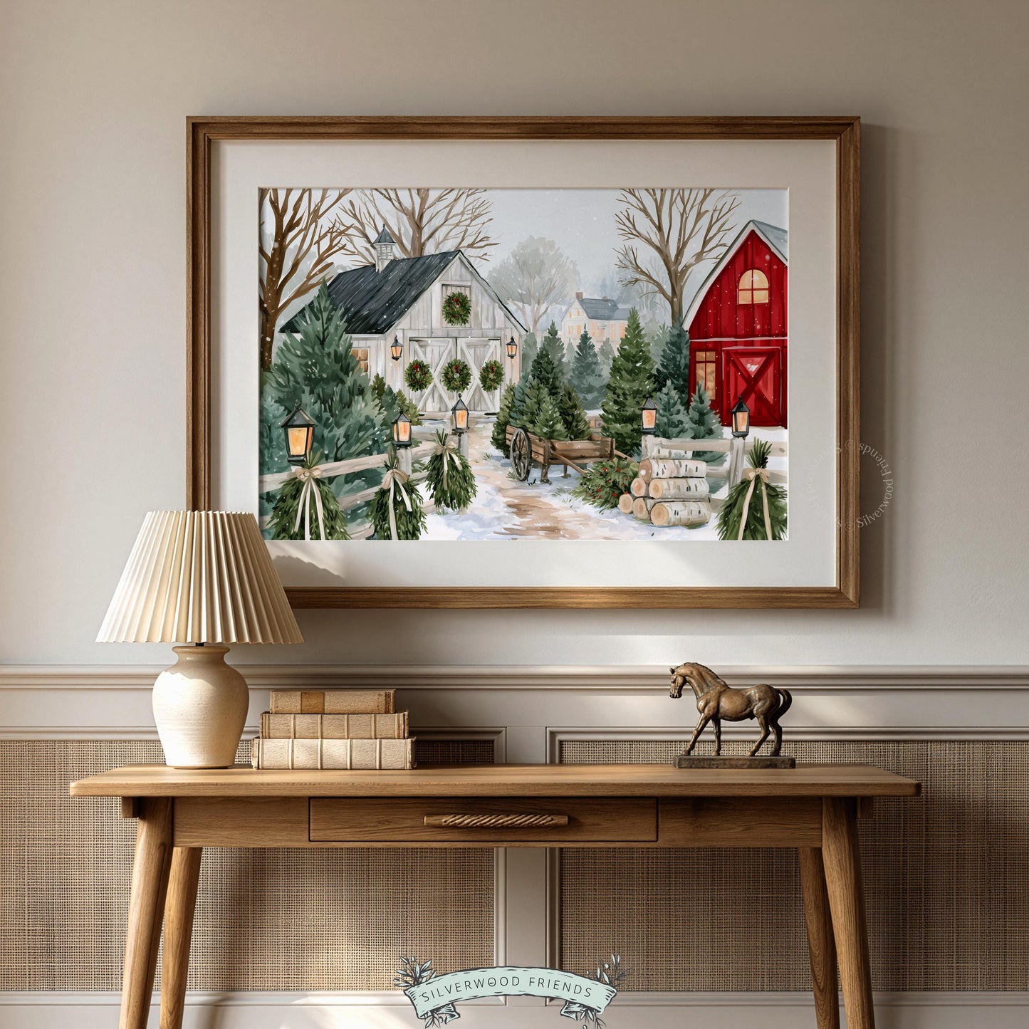 Peaceful winter homestead print for dining room — elegant snowy landscape with classic red barn and white cottage aesthetic