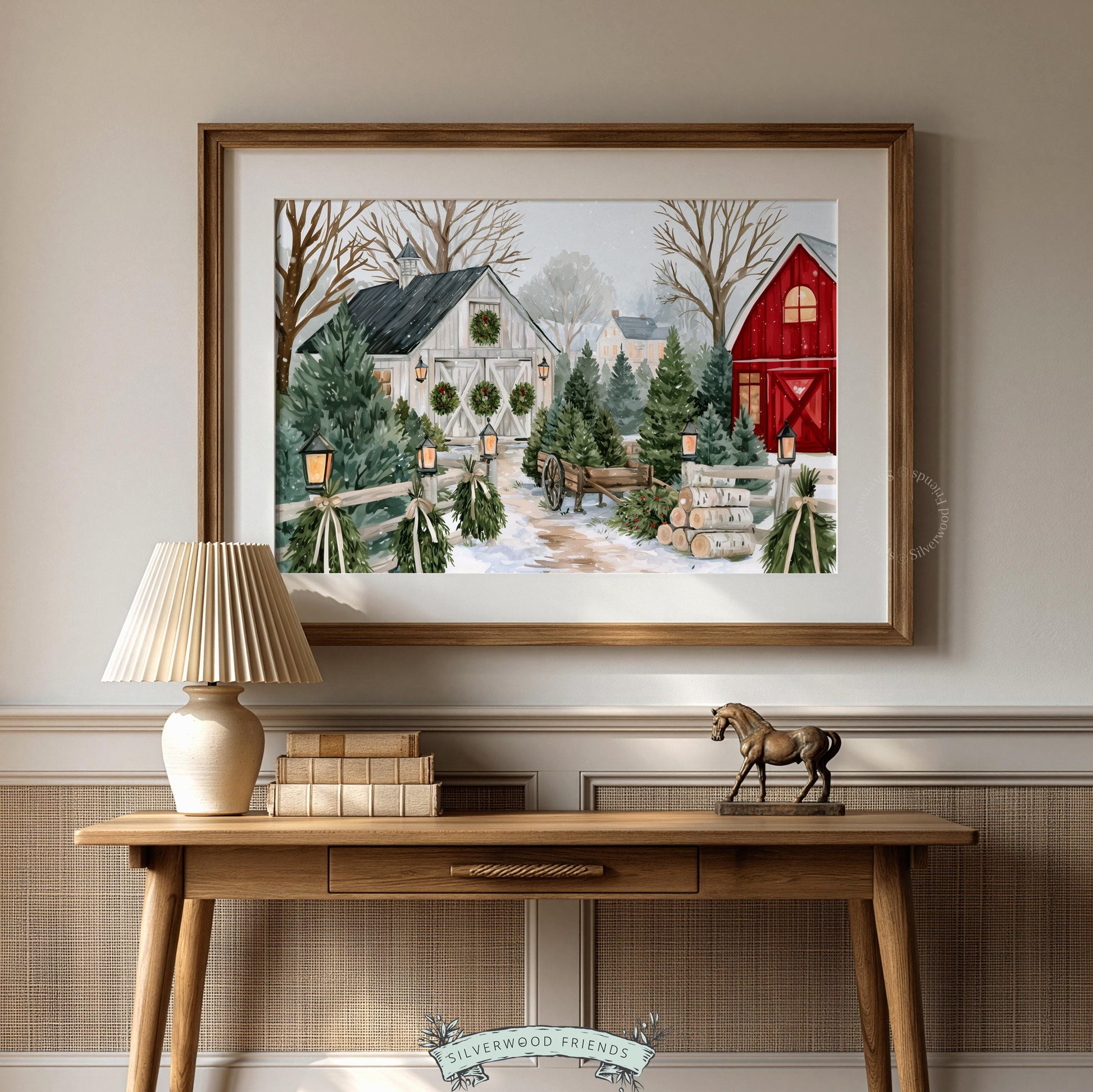 Peaceful winter homestead print for dining room — elegant snowy landscape with classic red barn and white cottage aesthetic