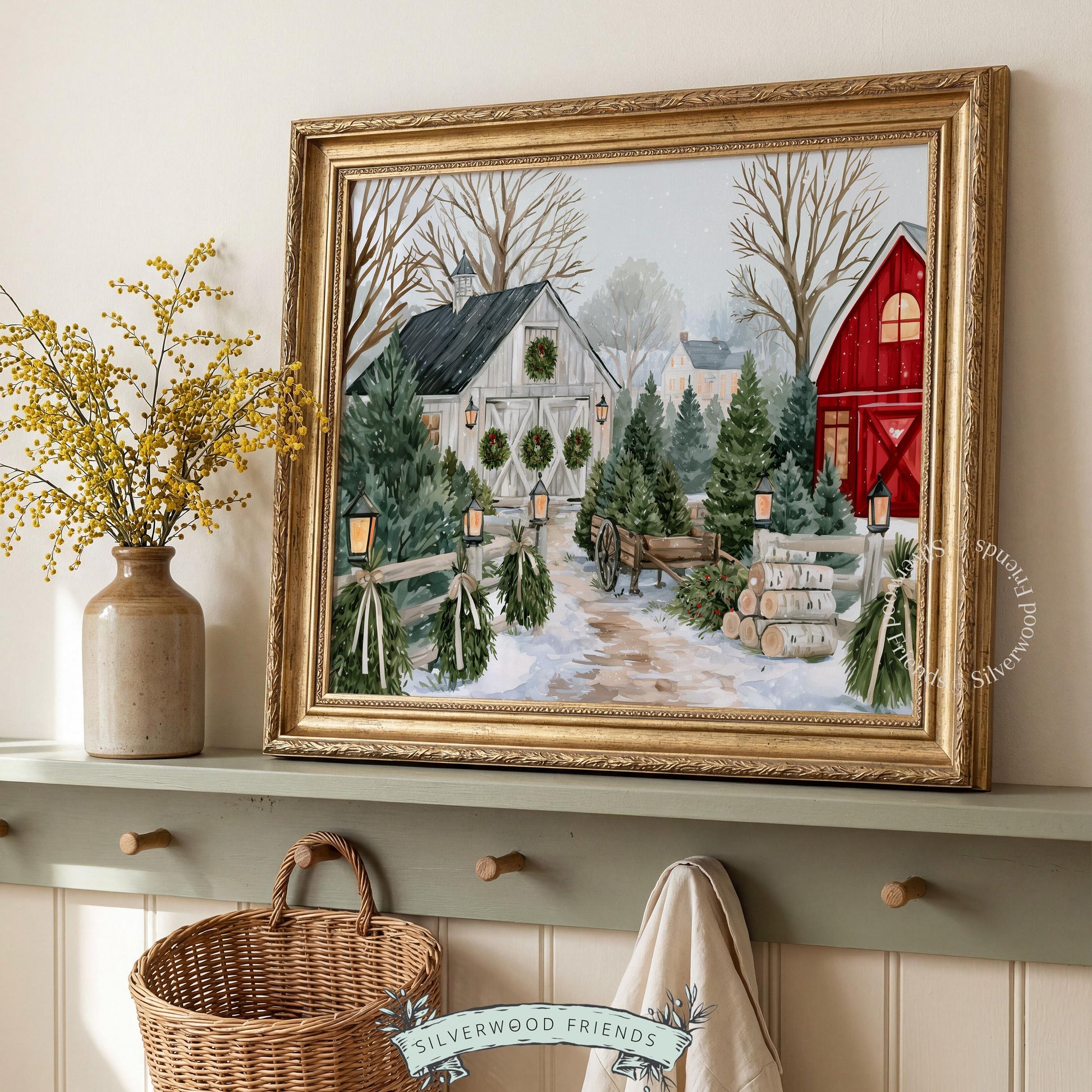 Snowy homestead painting wall picture for sitting room — elegant farmhouse composition featuring lanterns, wreaths, and evergreen display