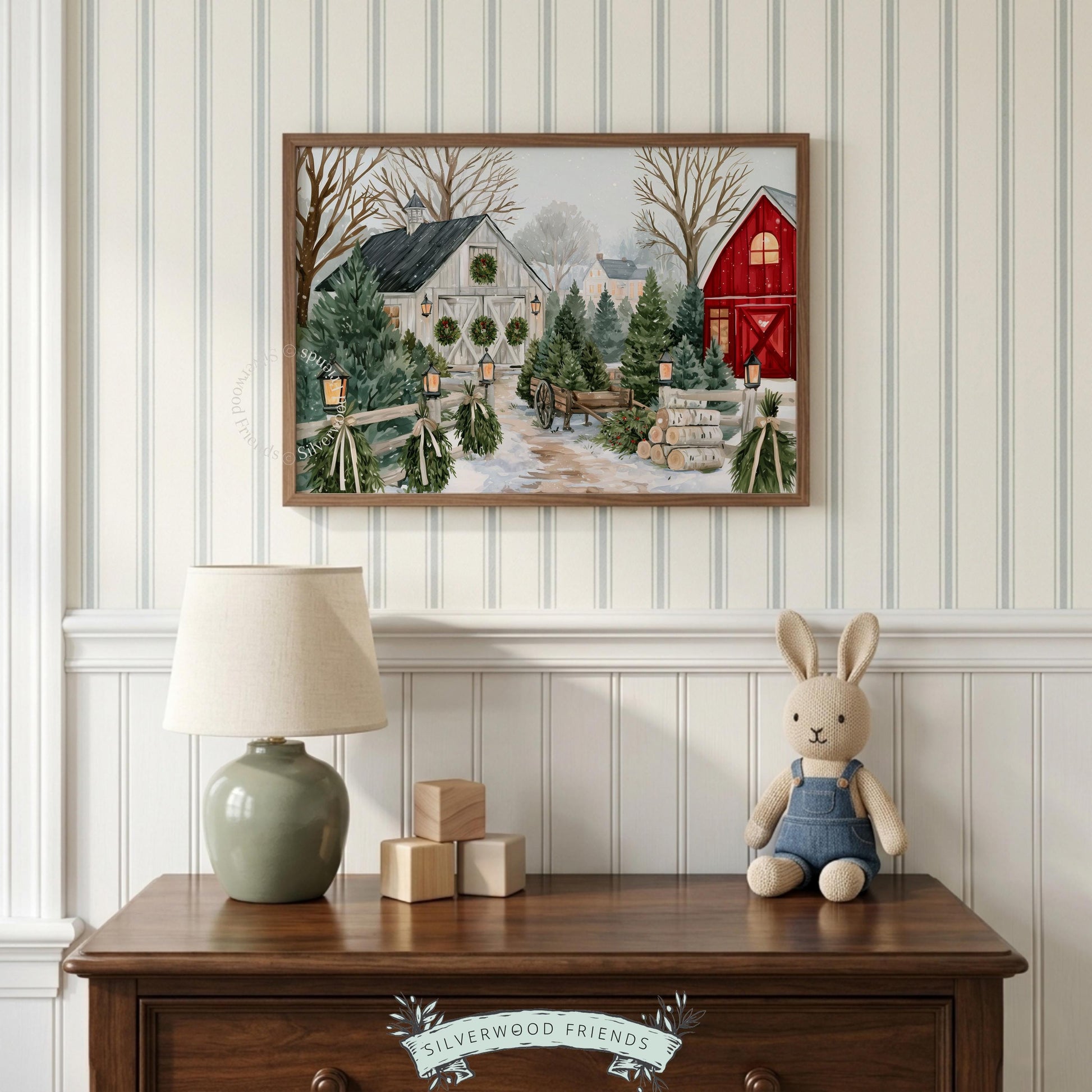 Vintage-style Christmas tree stand painting for kitchen — nostalgic farmhouse scene with bundled saplings and rustic wagon