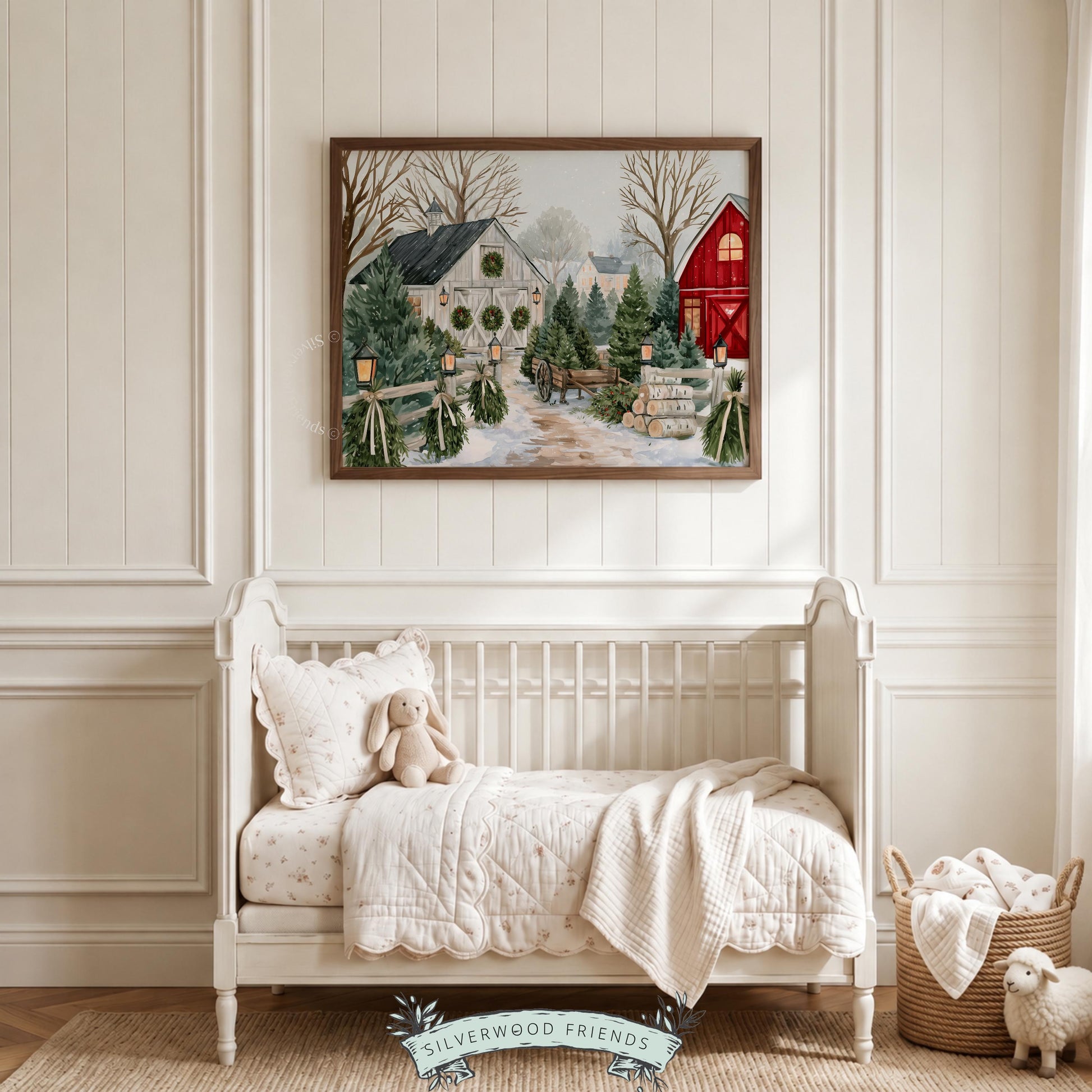 Holiday harvest farm digital art for hallway — charming countryside view featuring lantern-lit barns and evergreen inventory