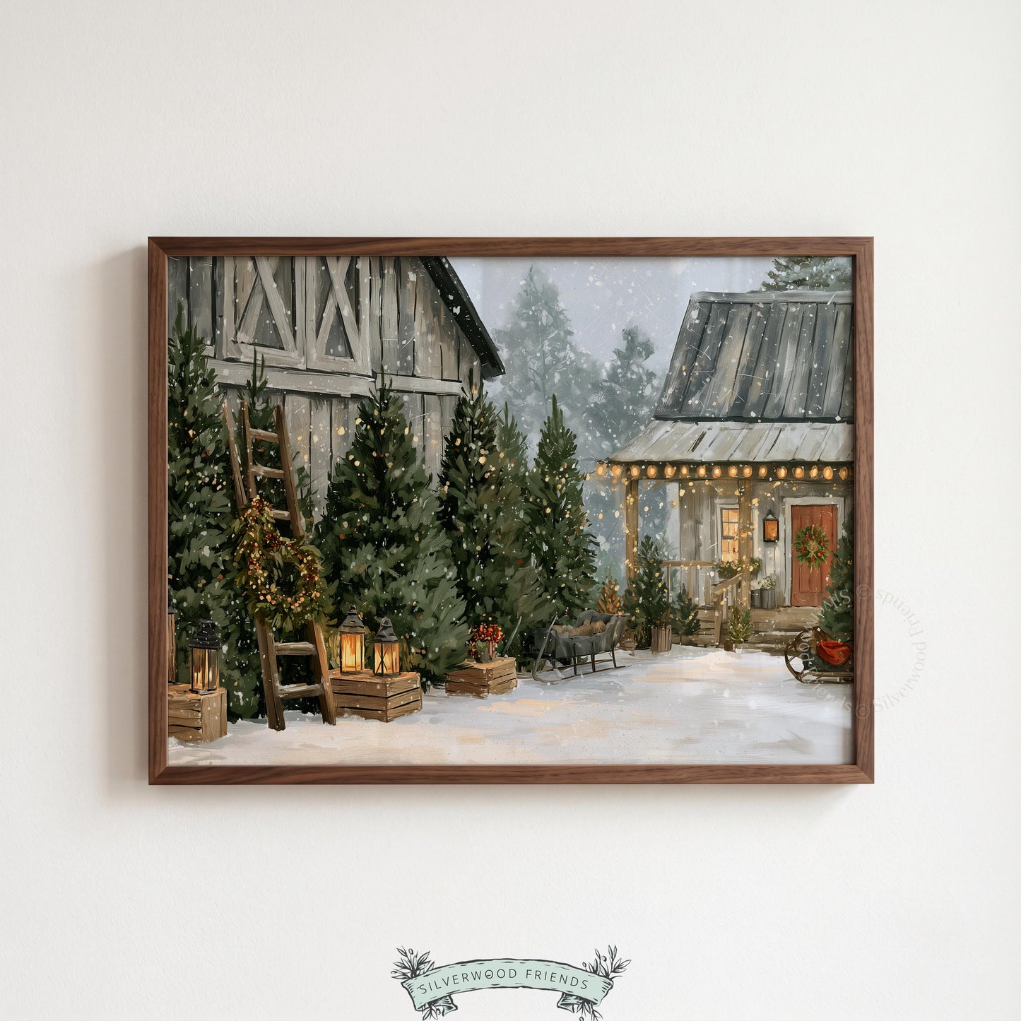 Holiday barn landscape picture for study — rustic Christmas setting with weathered structures and soft palette