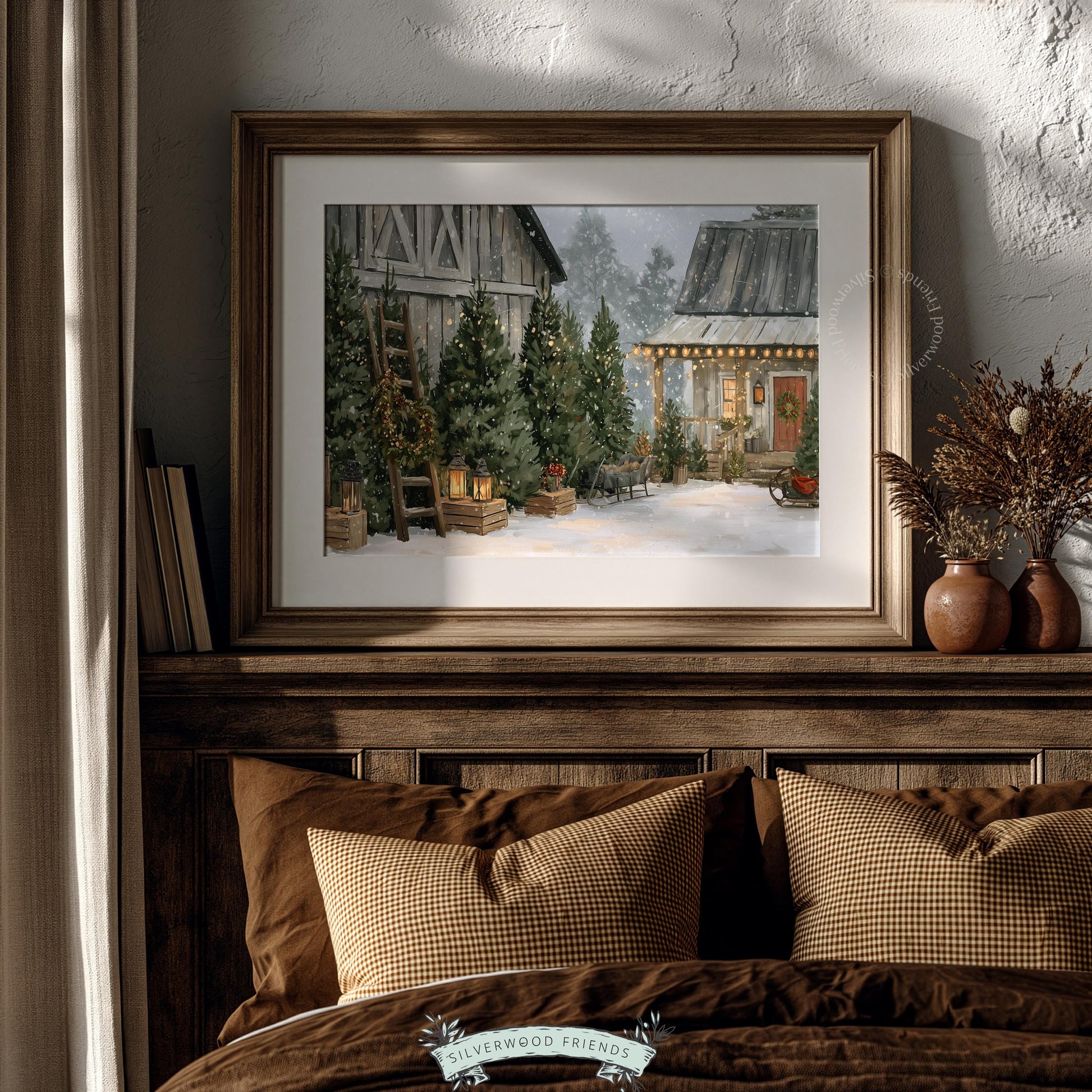 Seasonal farmhouse poster printable download — snowy path between cottage and barn with glowing decorations