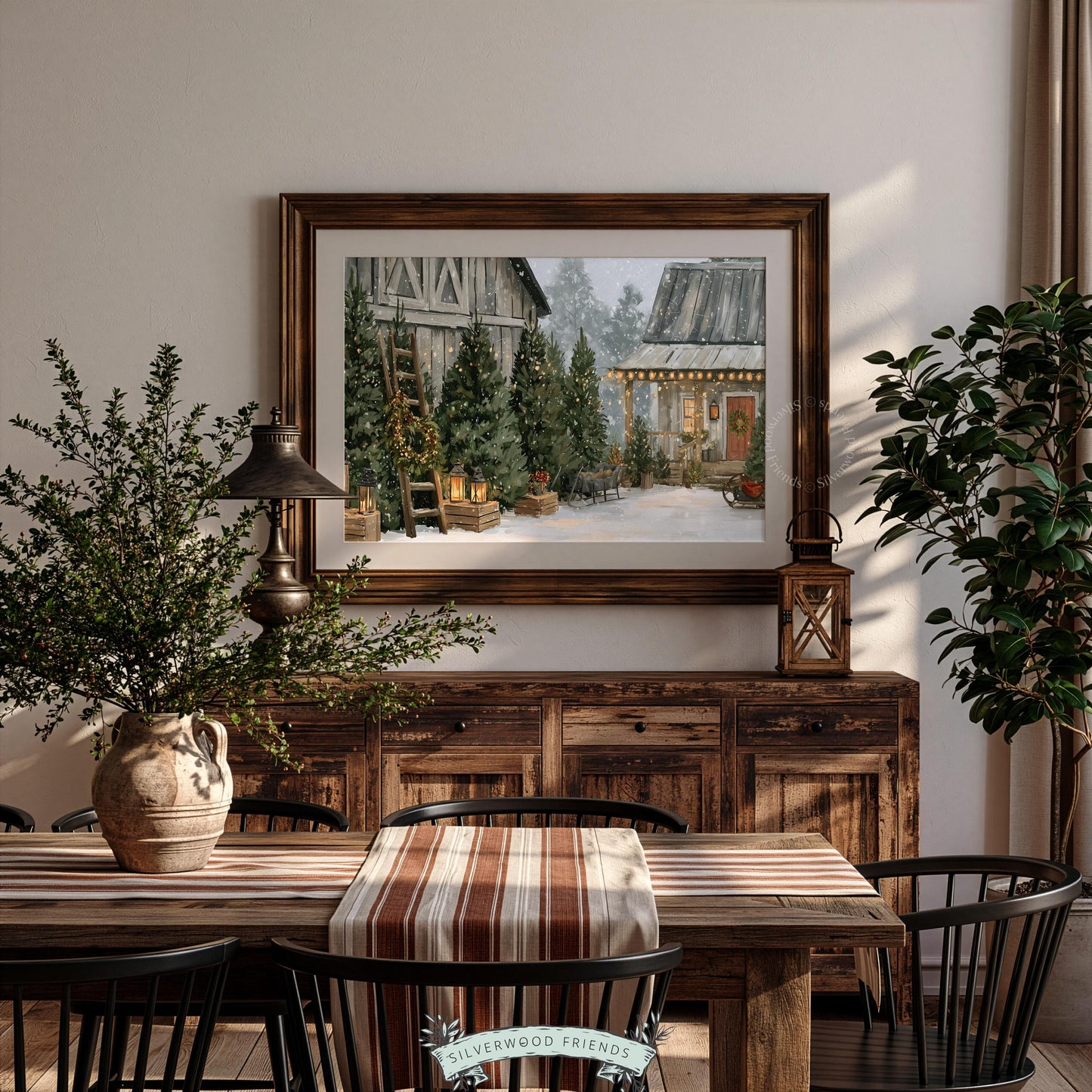 Rustic seasonal homestead painting for mudroom — wintry tree farm landscape with golden lights and textured charm