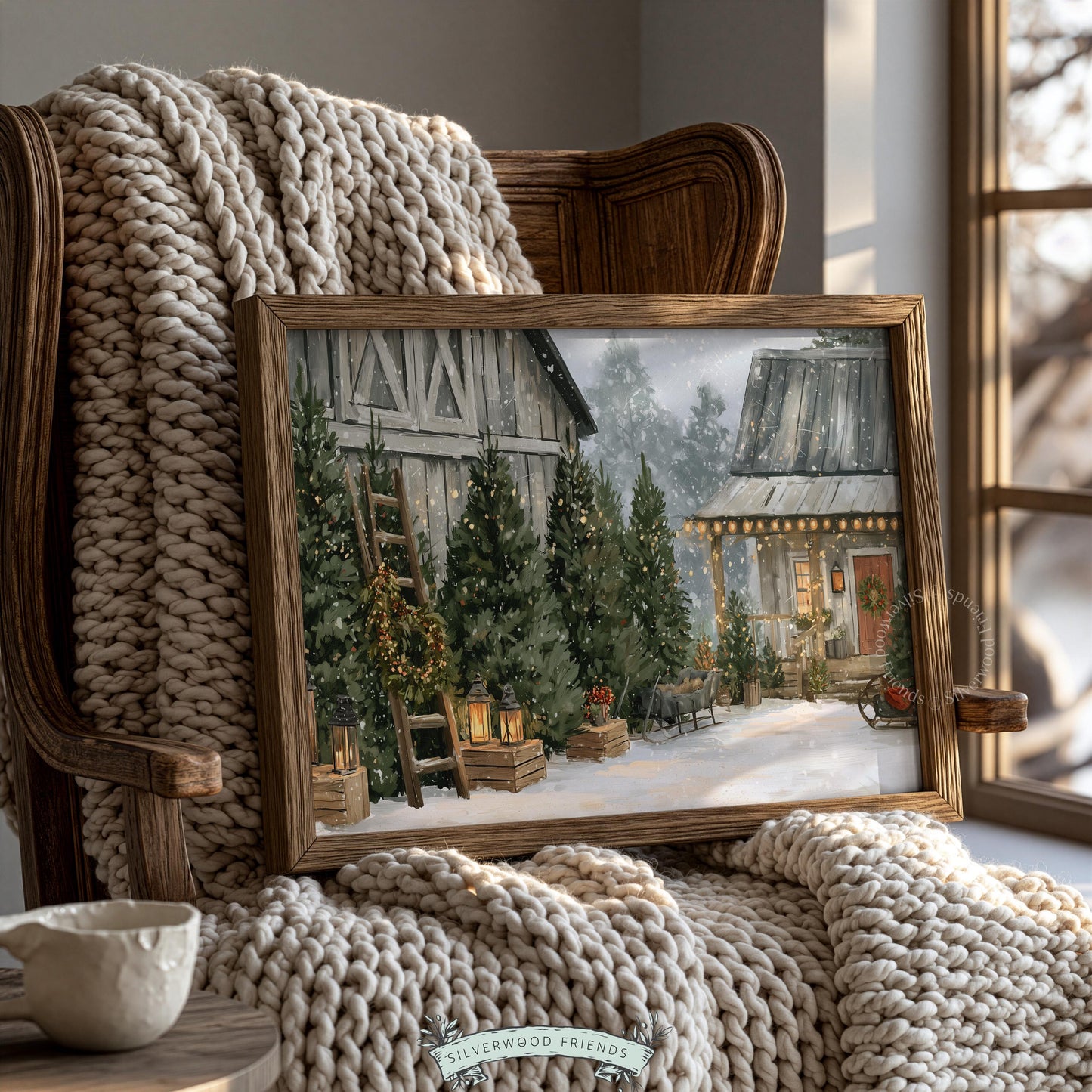 Rural holiday artwork digital print for gallery wall — farmstead scene with vintage wooden details and falling snow