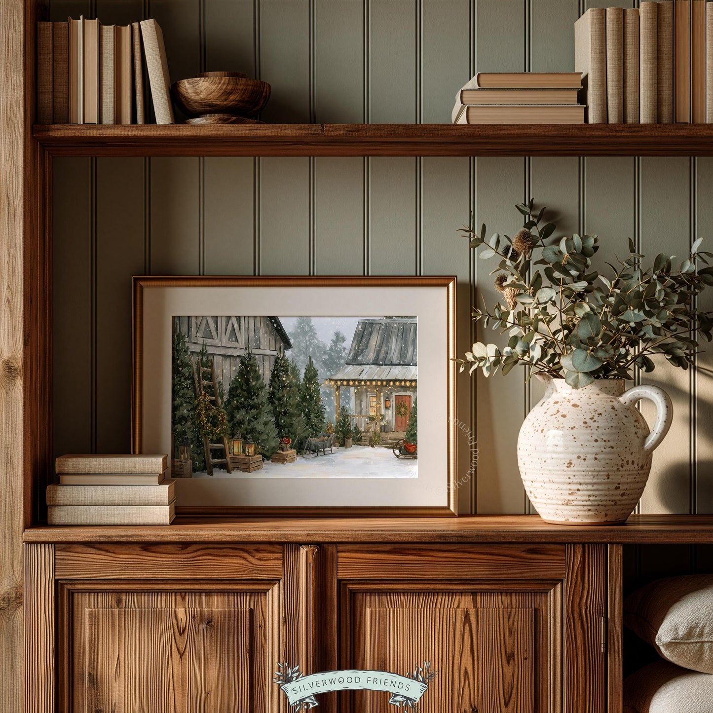 Vintage winter scene wall decor digital art — farmhouse holiday setting with snow-laden trees and golden glow