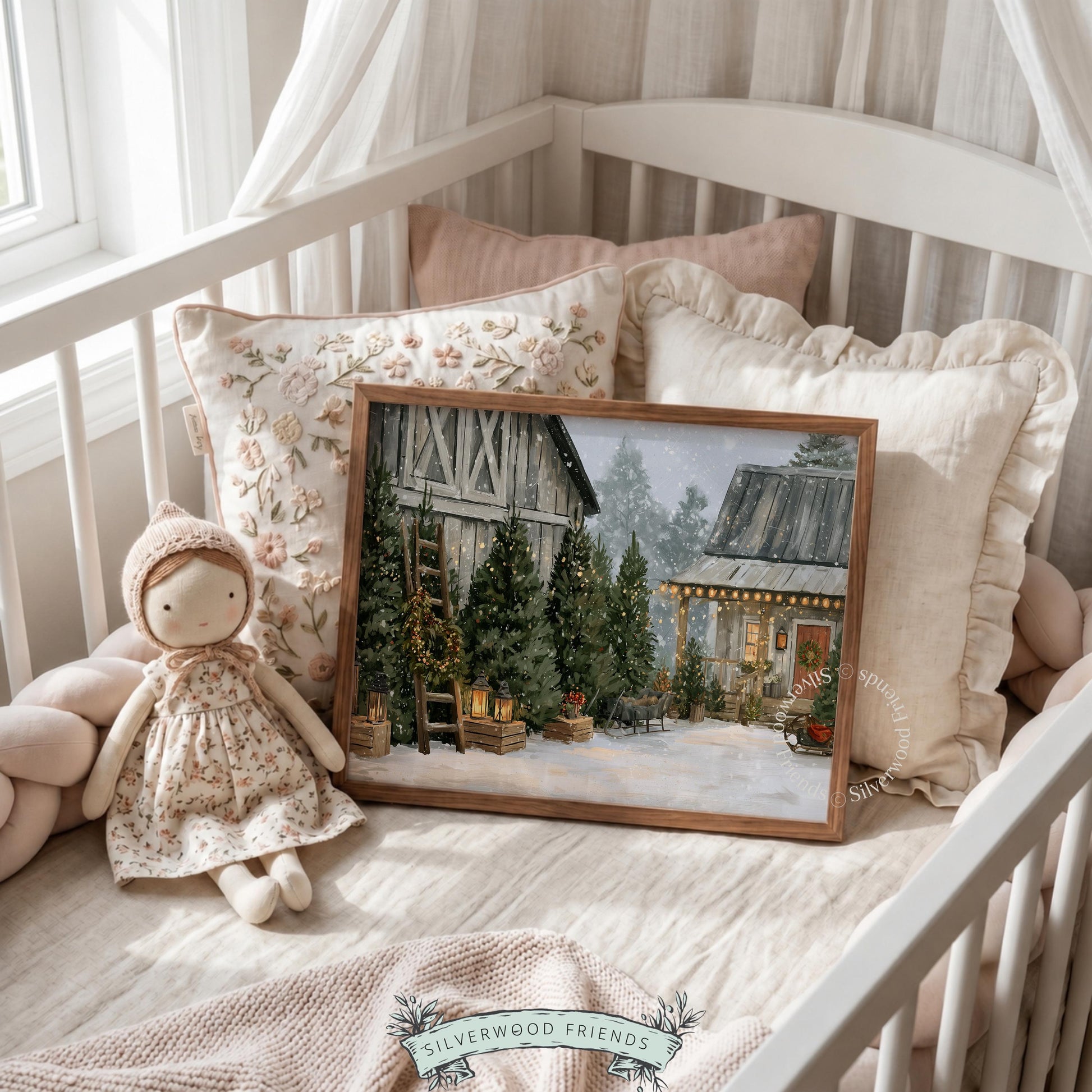 Festive winter orchard wall art printable — farmhouse scene with evergreens, crates, and cozy cabin backdrop
