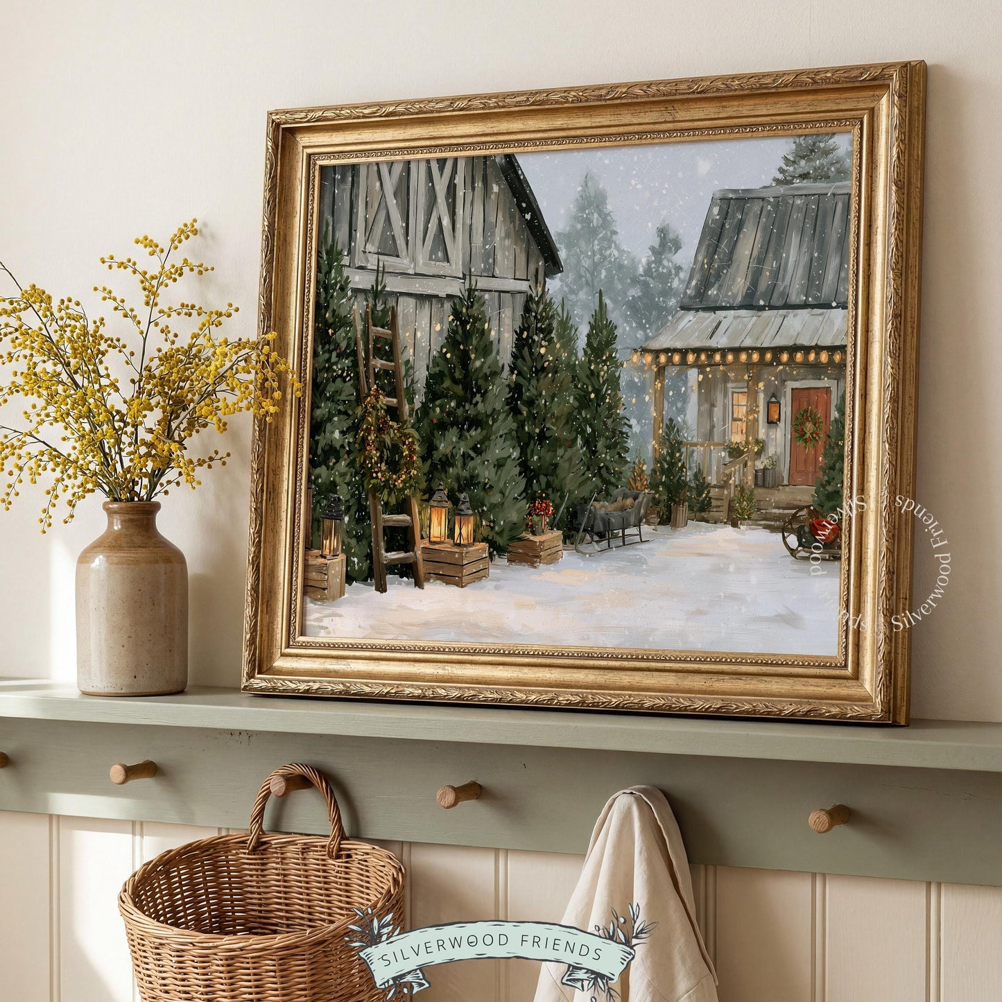Farmstead holiday picture printable art for office — wintry tree grove with rustic details and warm mood