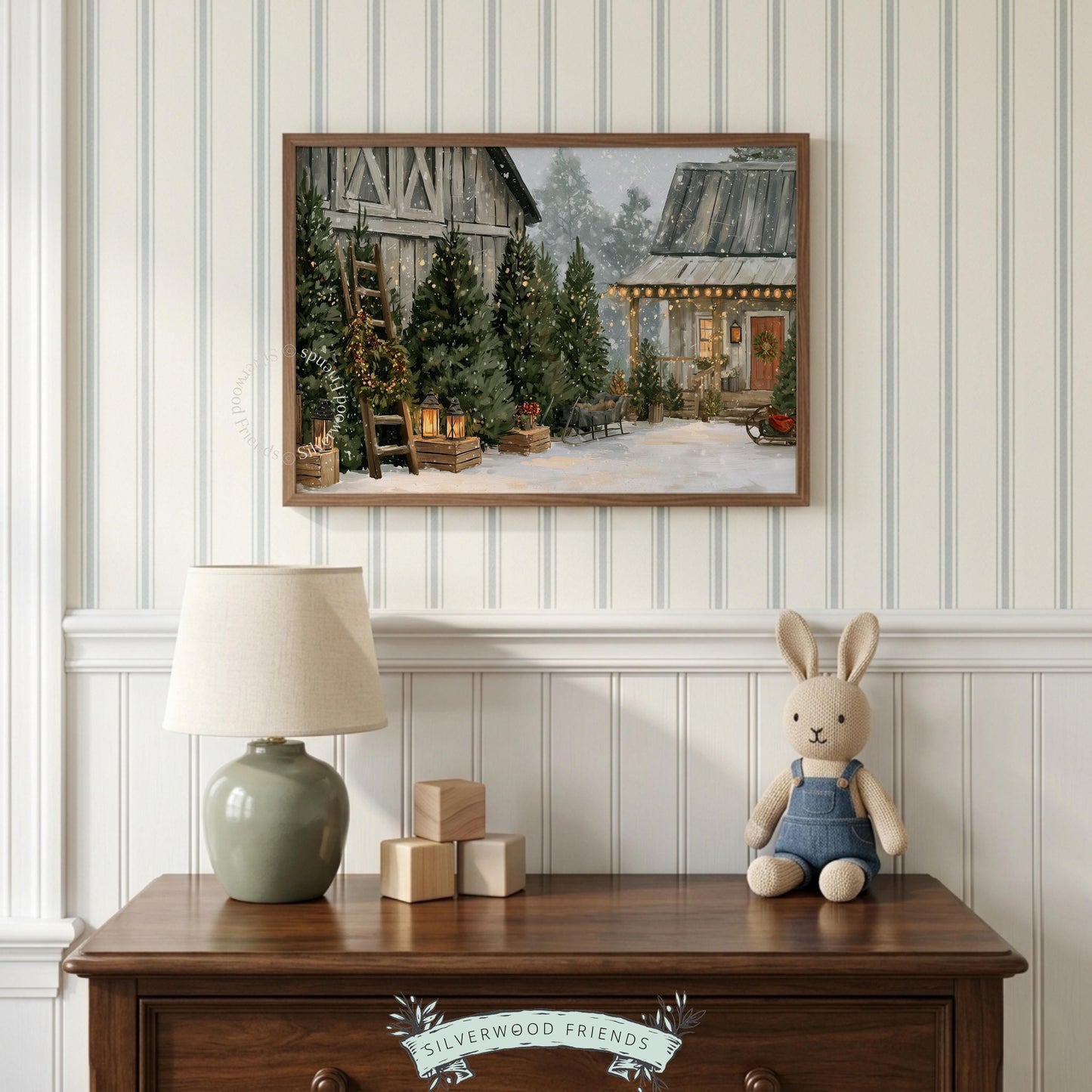 Winter barn scene printable art for living room — rustic holiday landscape with glowing lanterns and evergreens