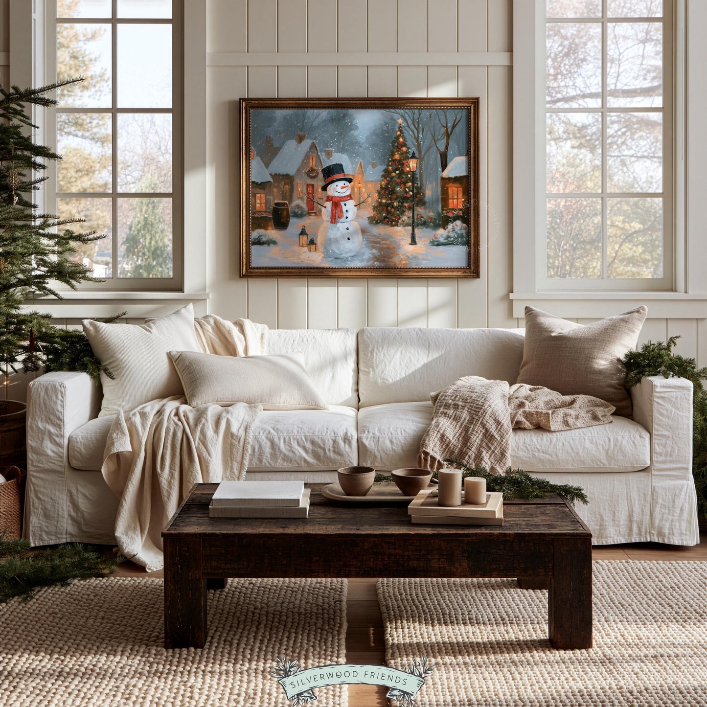 Nostalgic holiday artwork instant download — snowman in festive town square with Christmas tree and warm atmospheric lighting