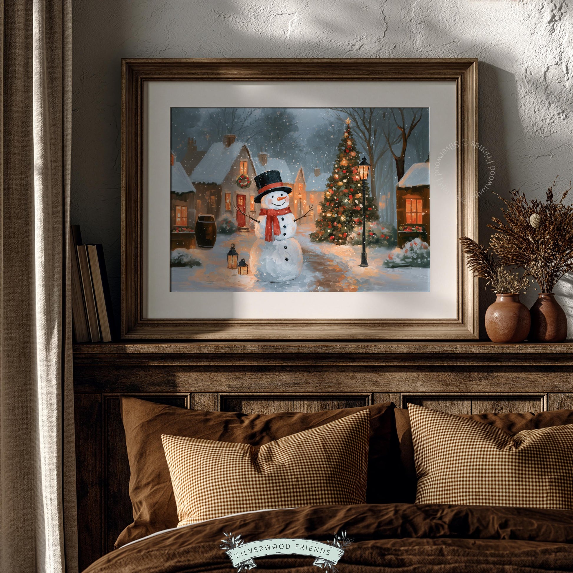 Vintage Christmas painting digital download — festive holiday scene featuring snowman with classic top hat in snowy square