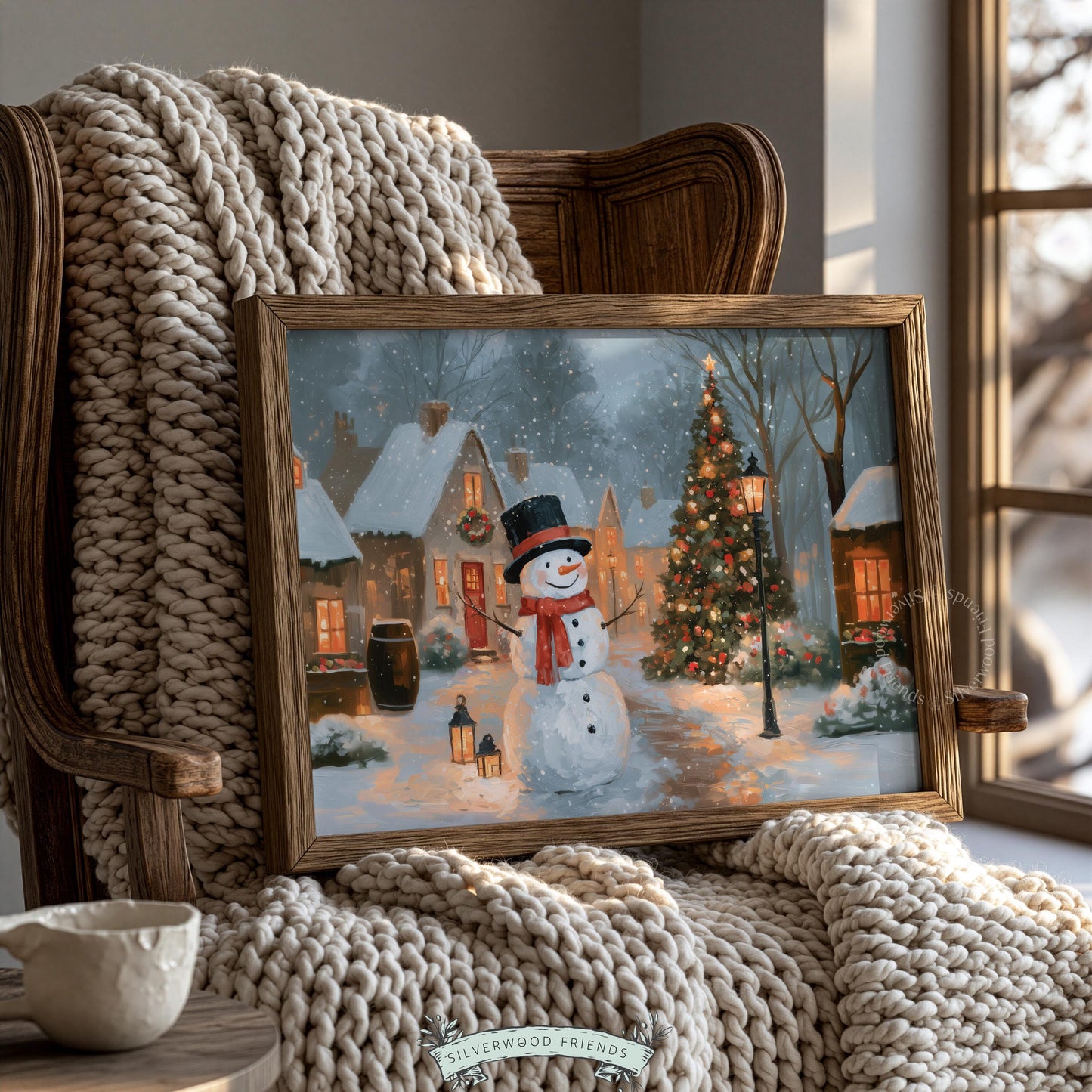 Cozy holiday artwork for entryway — winter village painting with lantern-holding snowman and textured brushwork