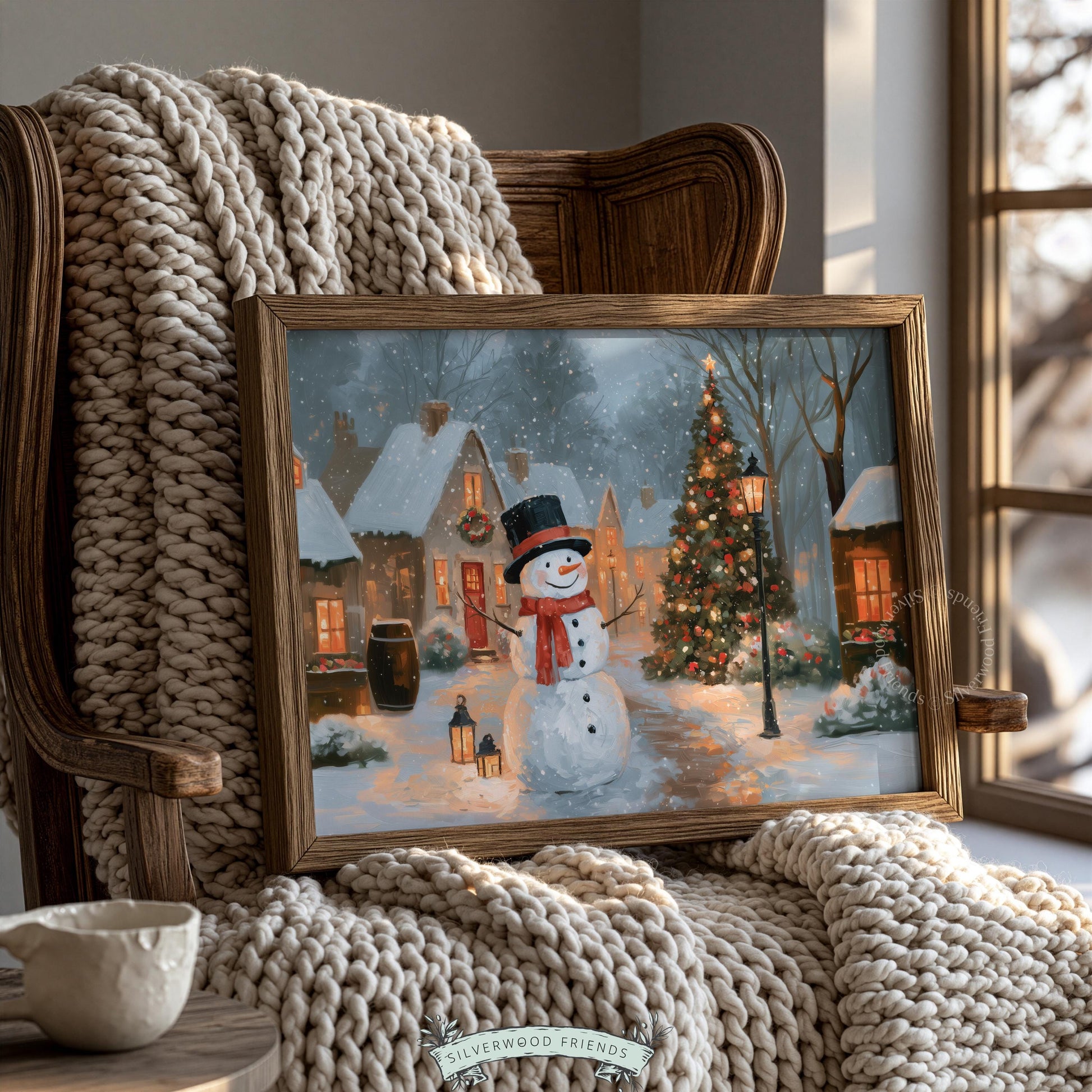 Cozy holiday artwork for entryway — winter village painting with lantern-holding snowman and textured brushwork