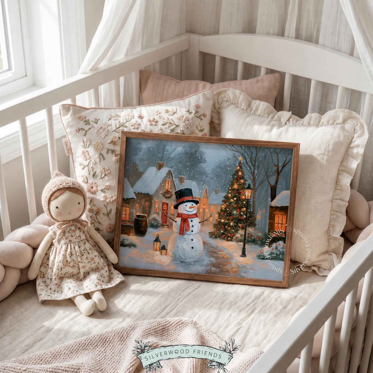 Vintage snowman wall picture instant download — festive Christmas village with warm atmospheric lighting and farmhouse style