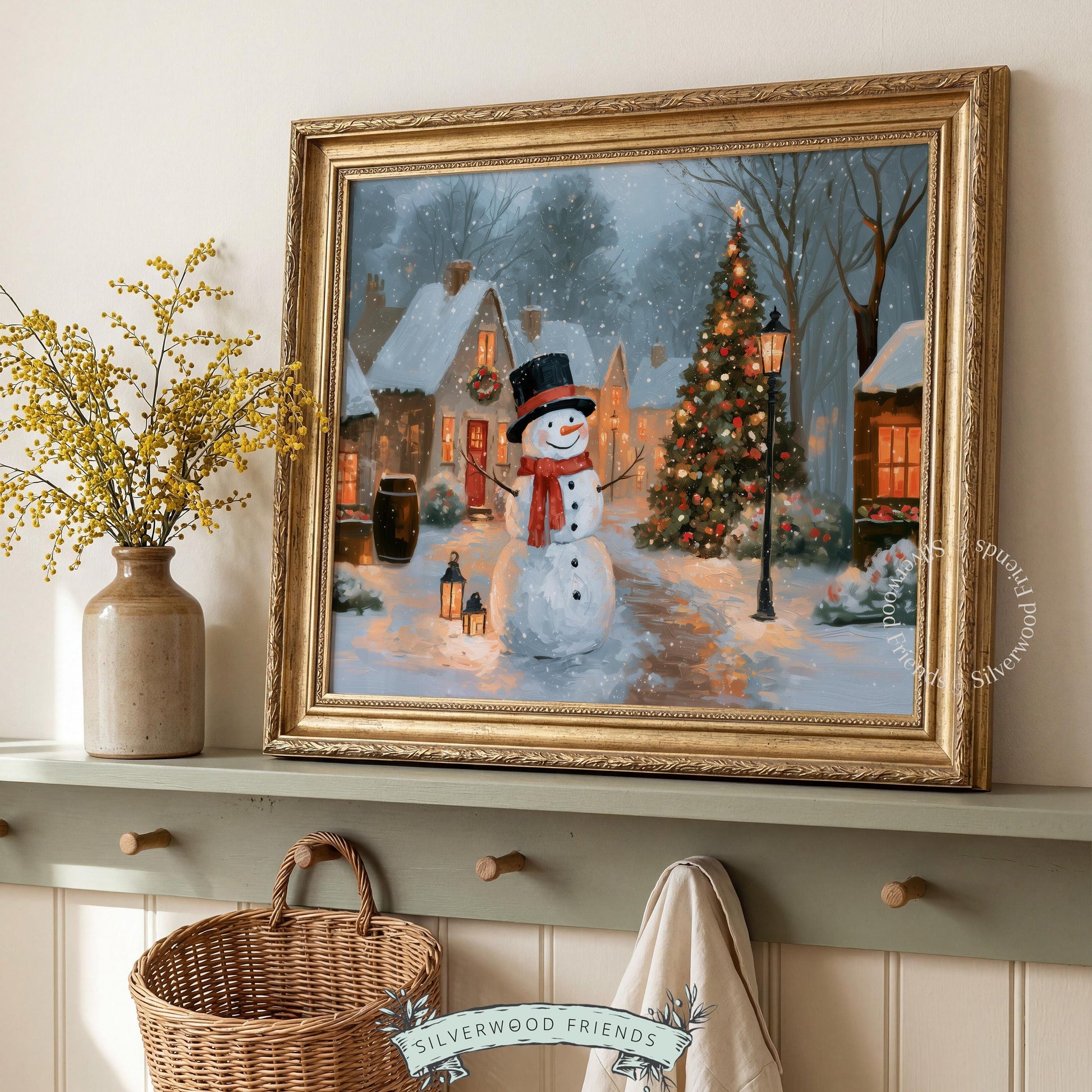 Winter wonderland wall poster for office — snowman surrounded by village charm and warm golden cottage glow