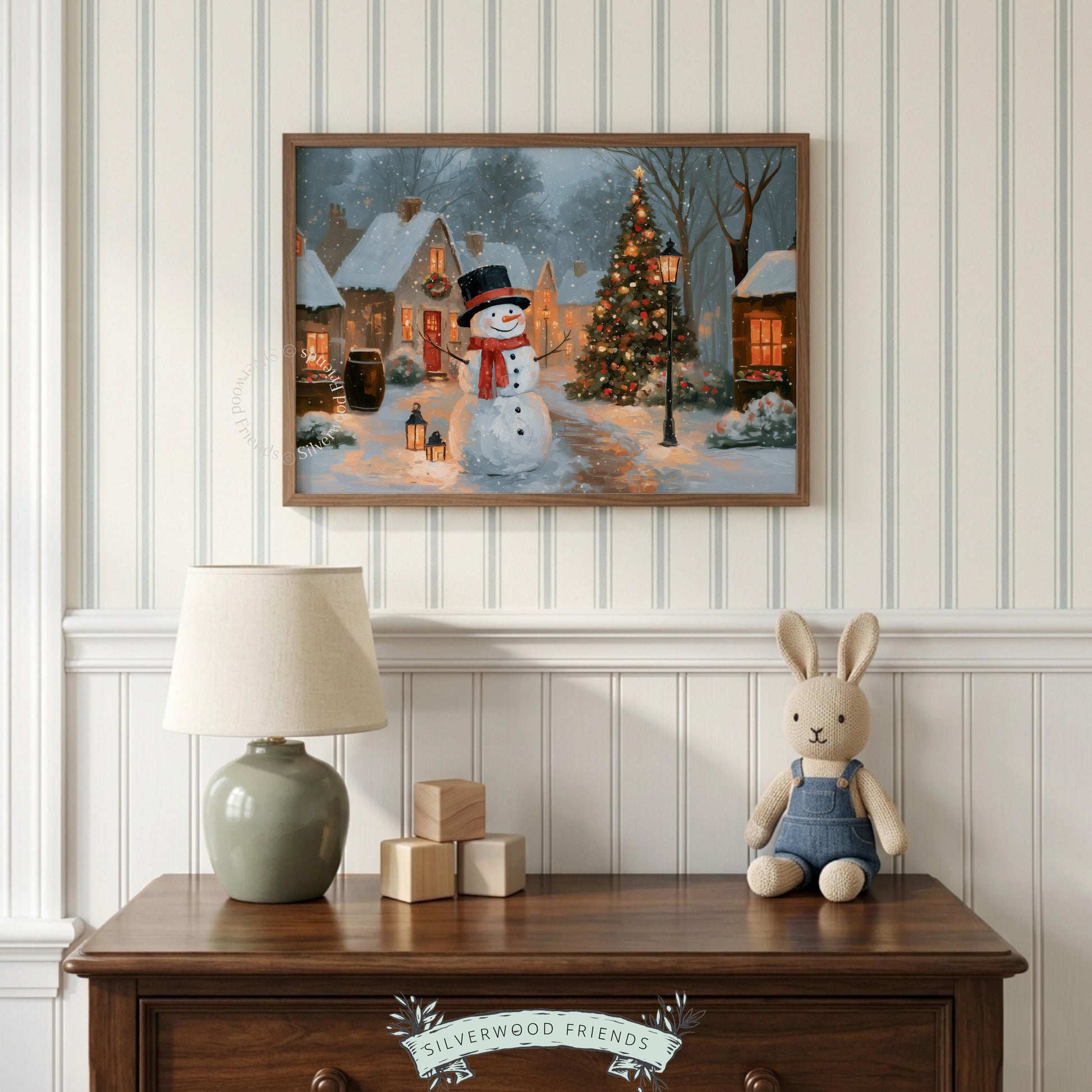 Farmhouse Christmas painting printable for hallway — charming winter scene with top-hatted snowman holding lantern