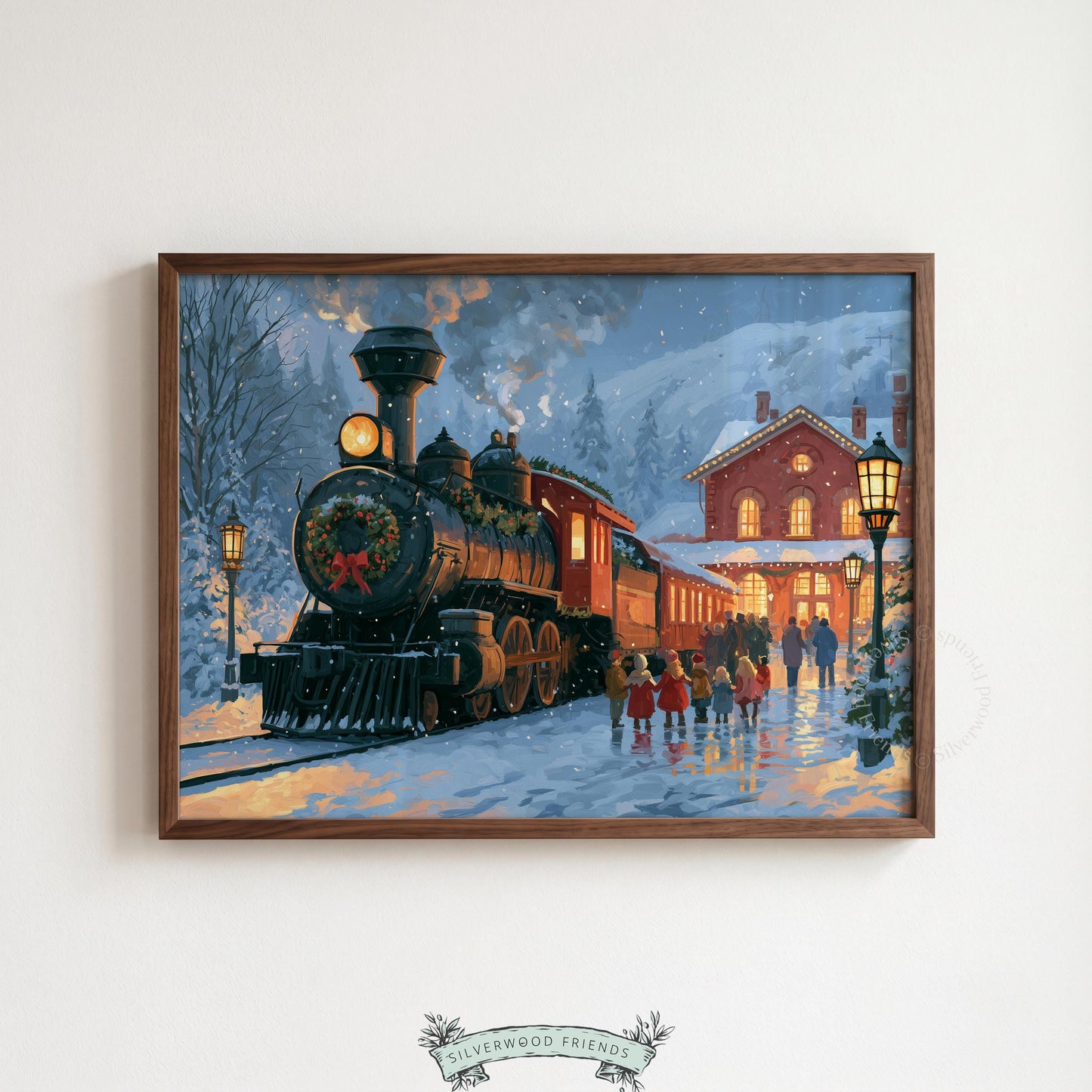 Christmas locomotive poster for living room — vintage storybook winter scene with snowy station and children