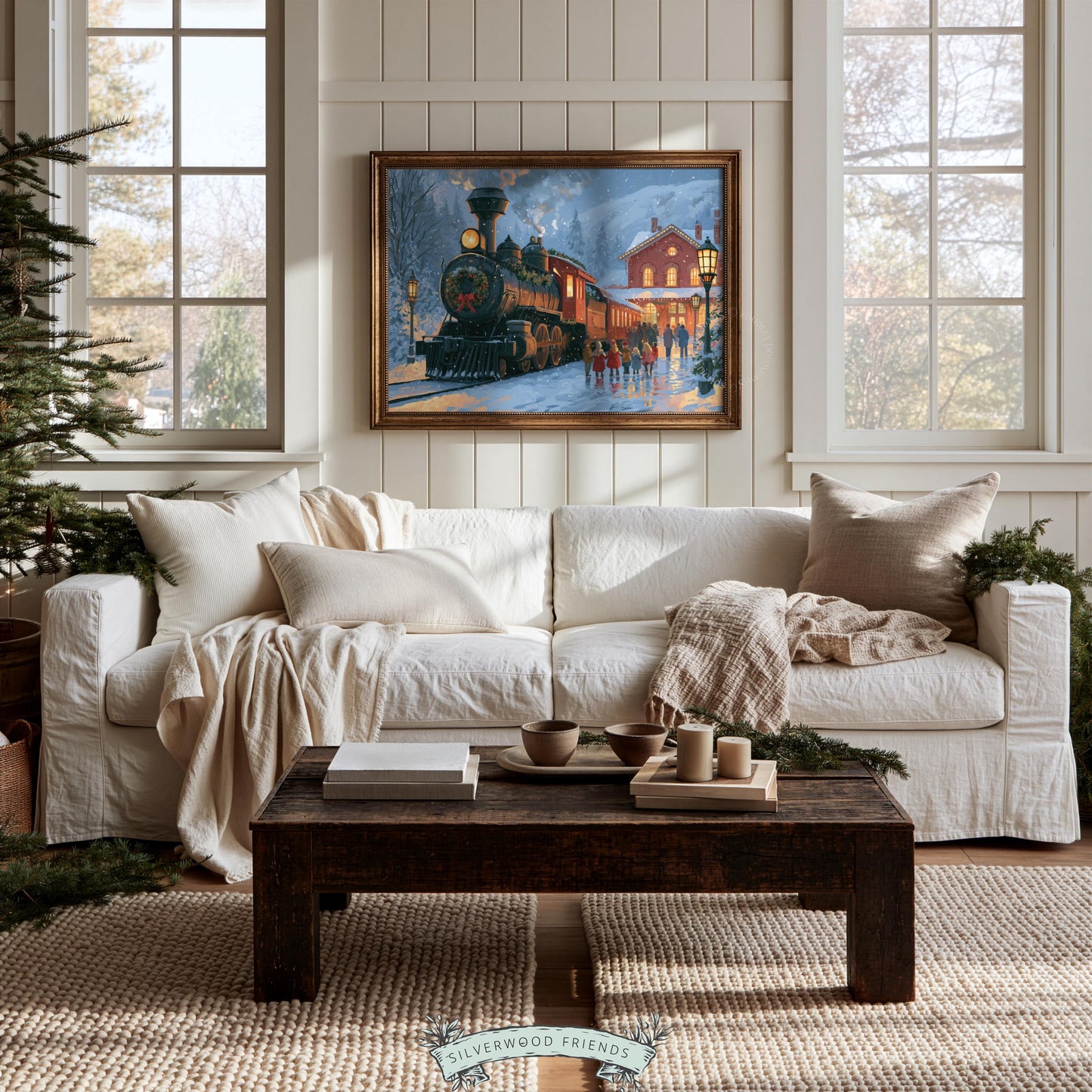 Holiday steam engine print for kitchen — vintage-inspired painting of festive train arrival with children waiting