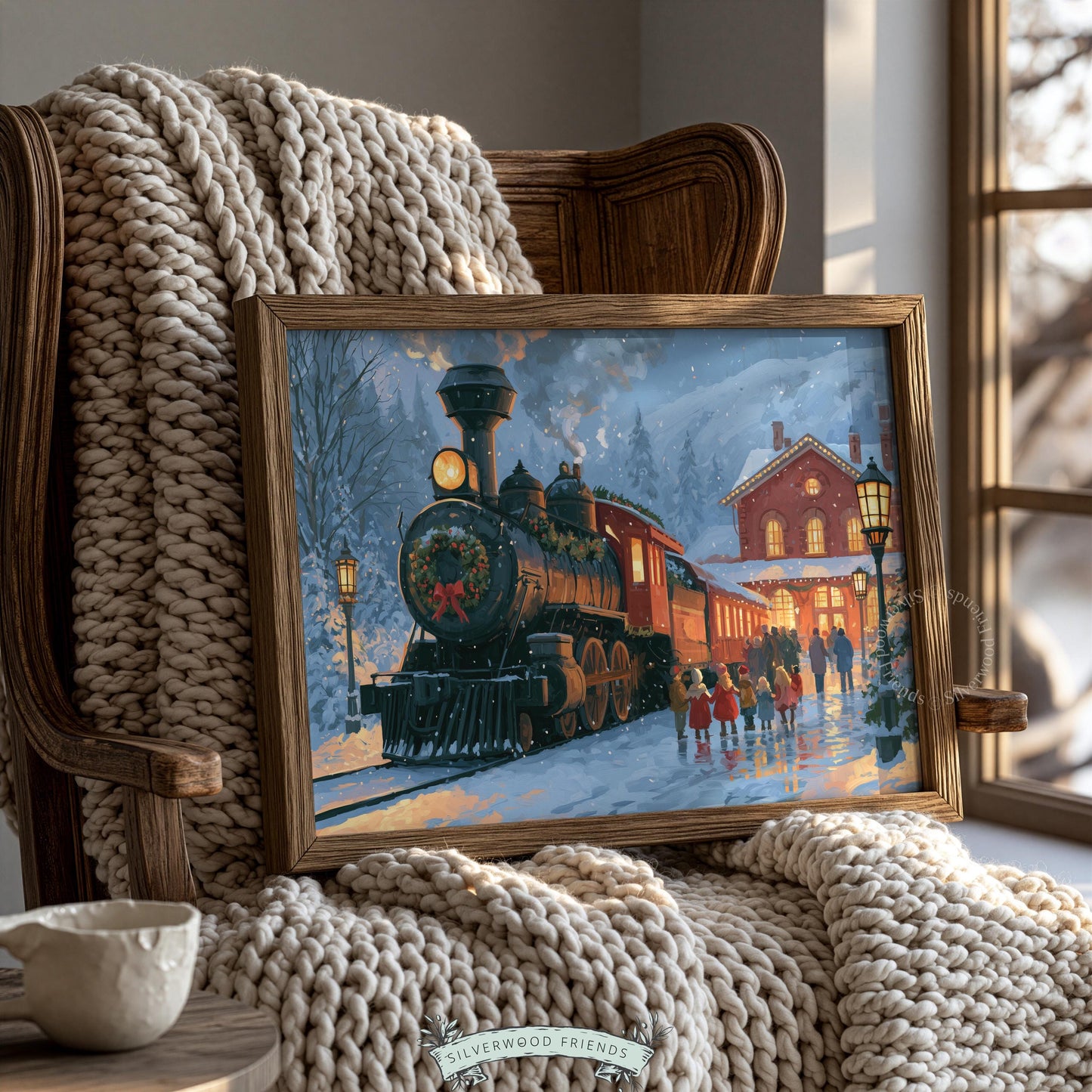 Festive locomotive picture for bedroom — vintage-style painting of snow-covered platform with decorated black engine
