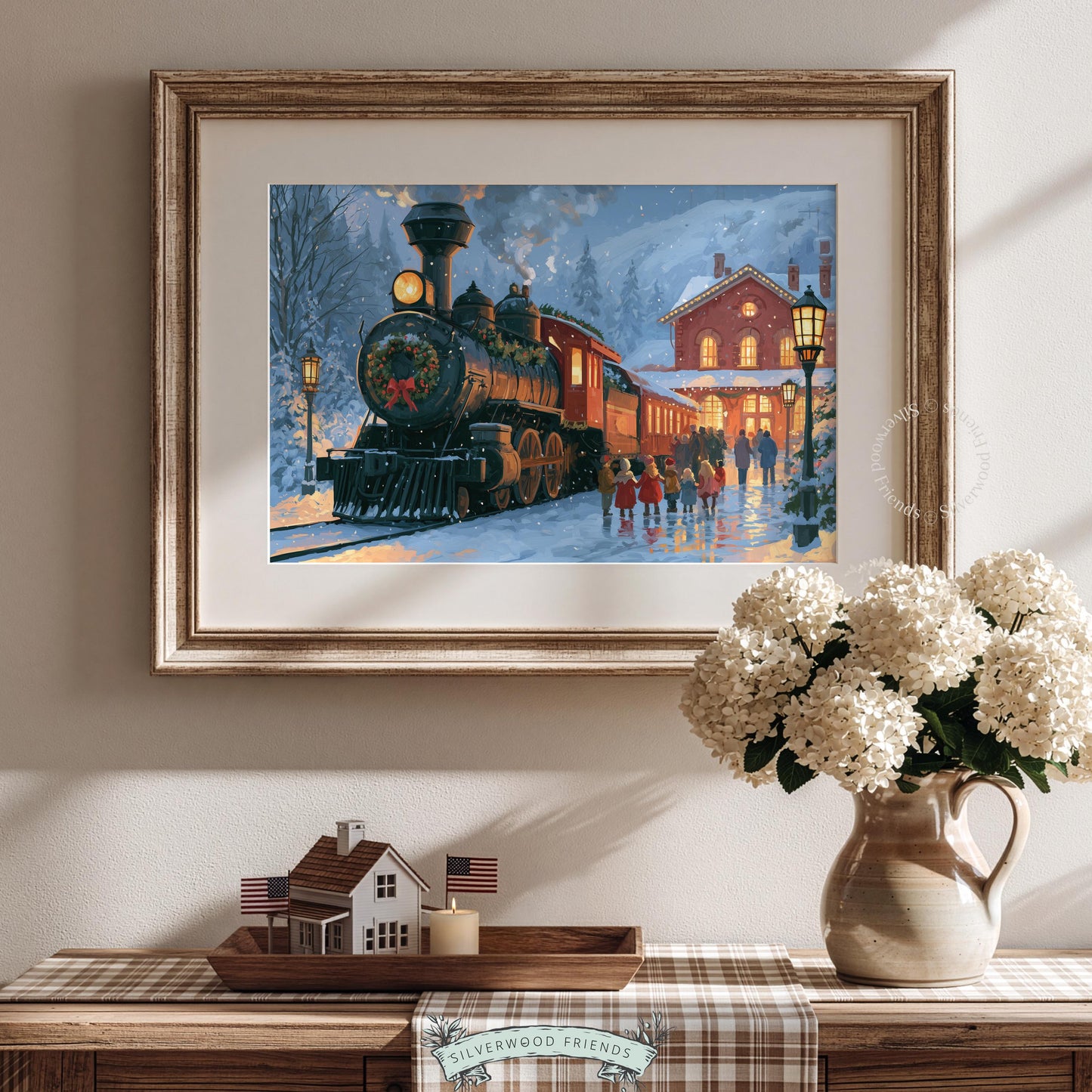 Snowy station wall art for family room — cozy Christmas scene featuring classic steam engine and holiday wreath