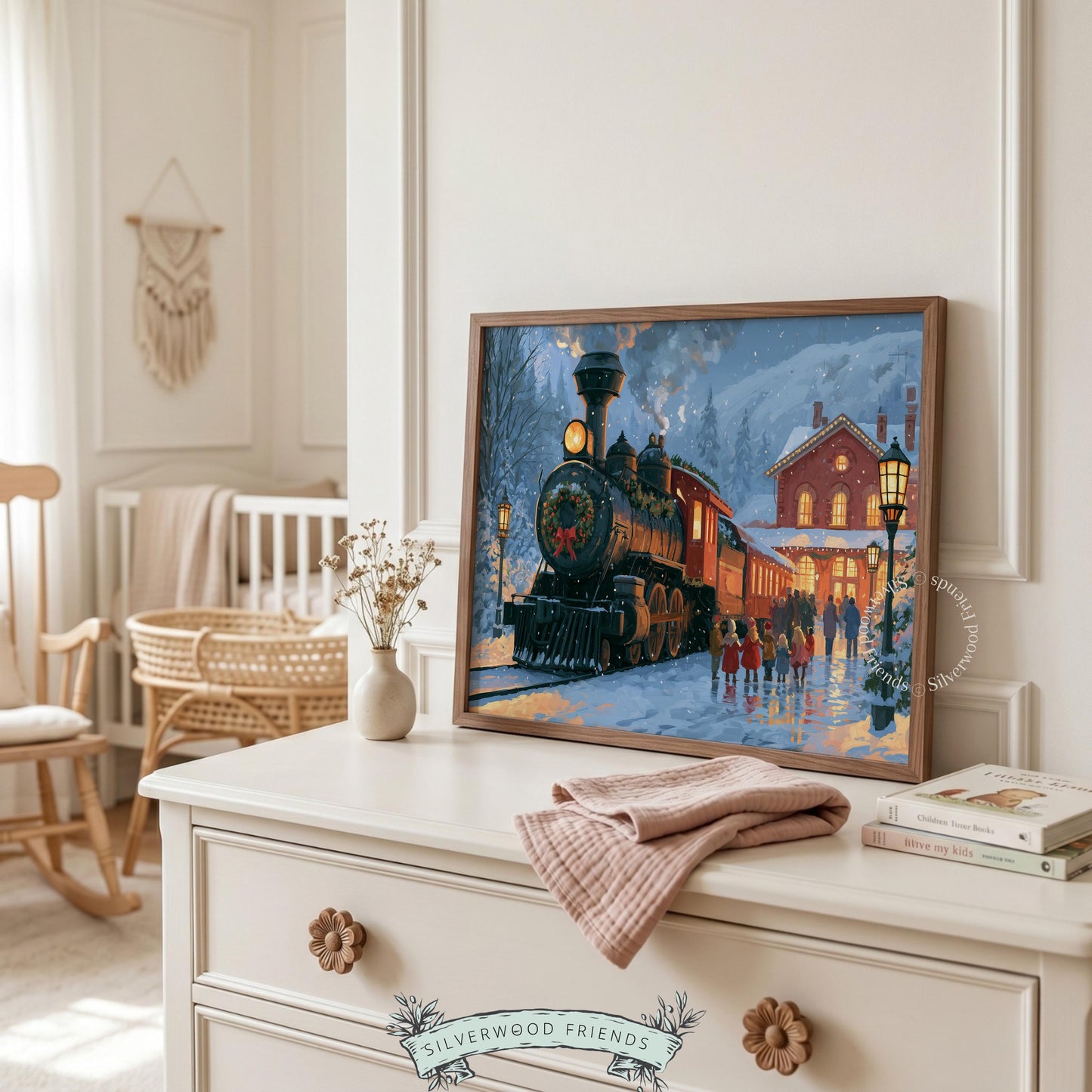 Festive railway artwork for living space — charming winter composition featuring decorated engine and crowd on platform
