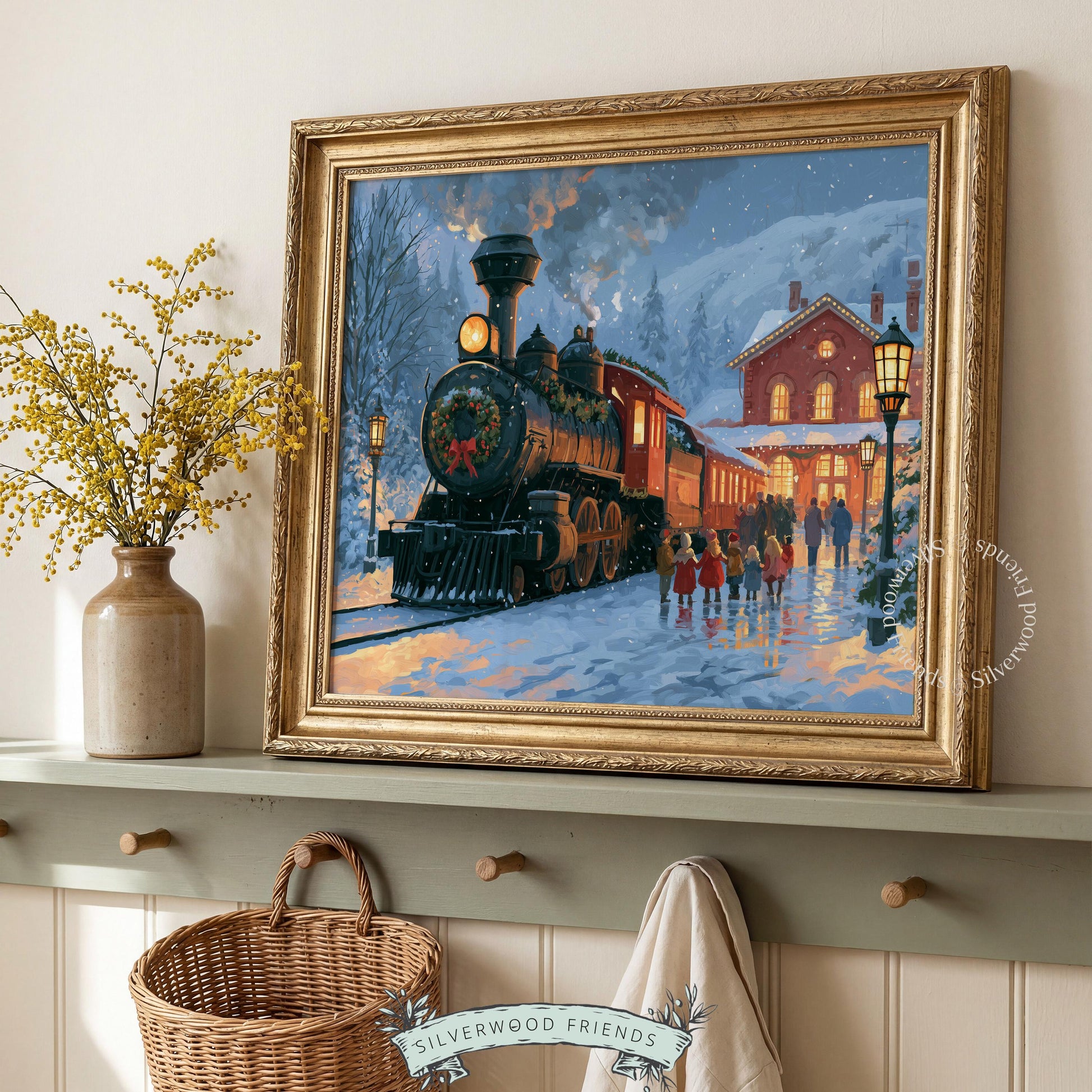 Holiday train printable art instant download — festive vintage painting with lantern-lit platform and warm glow
