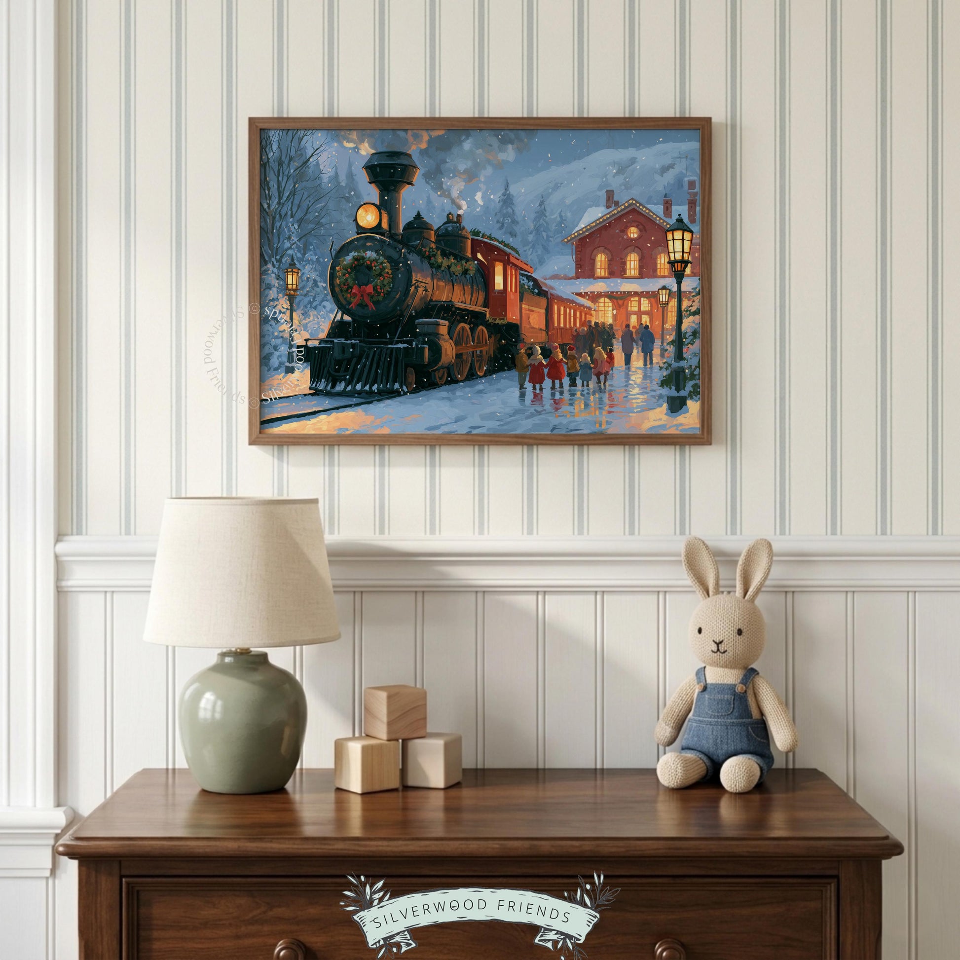 Nostalgic station poster printable art — classic locomotive decorated for Christmas with lantern glow and red brick architecture