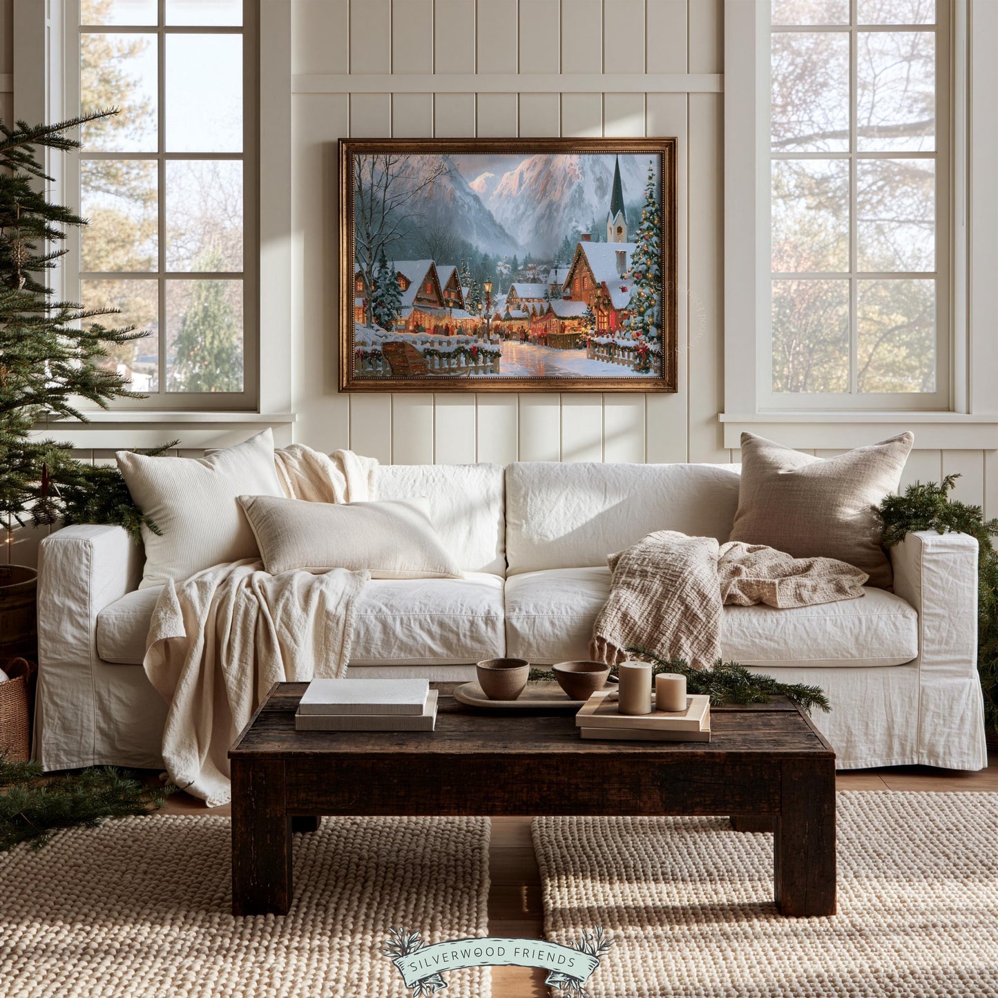 Alpine village painting printable art for living room — snowy European landscape with warm golden lights and festive charm