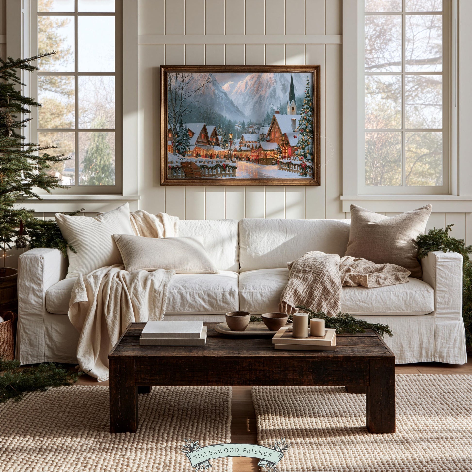 Alpine village painting printable art for living room — snowy European landscape with warm golden lights and festive charm