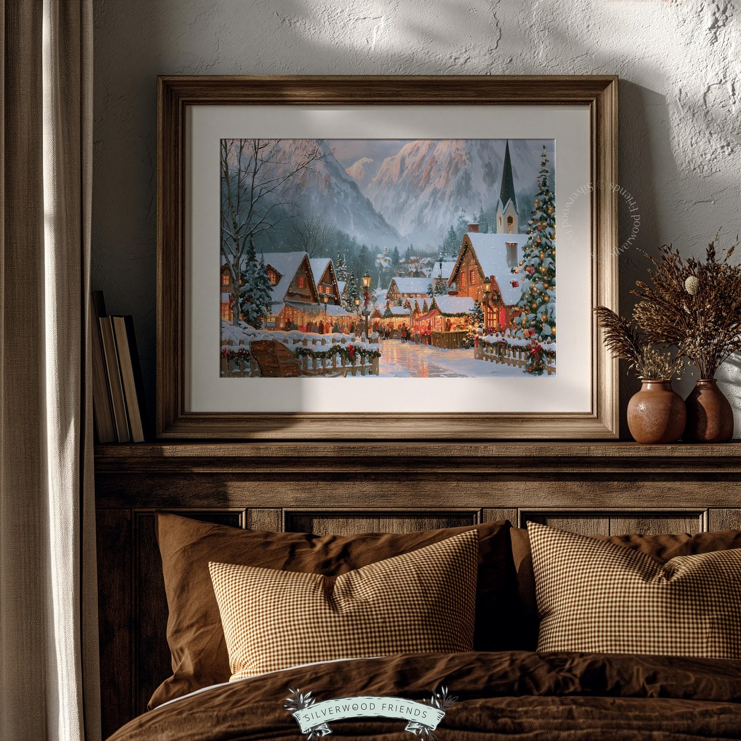 Warm-toned holiday village wall art for den — atmospheric alpine scene with illuminated buildings, evergreens, and winter magic