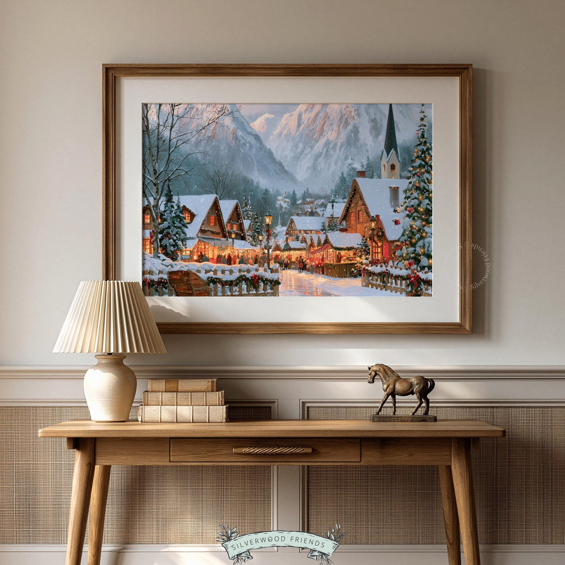 Winter village painting wall decor for holiday decorating — atmospheric alpine landscape with wooden buildings, church steeple, and warm golden tones
