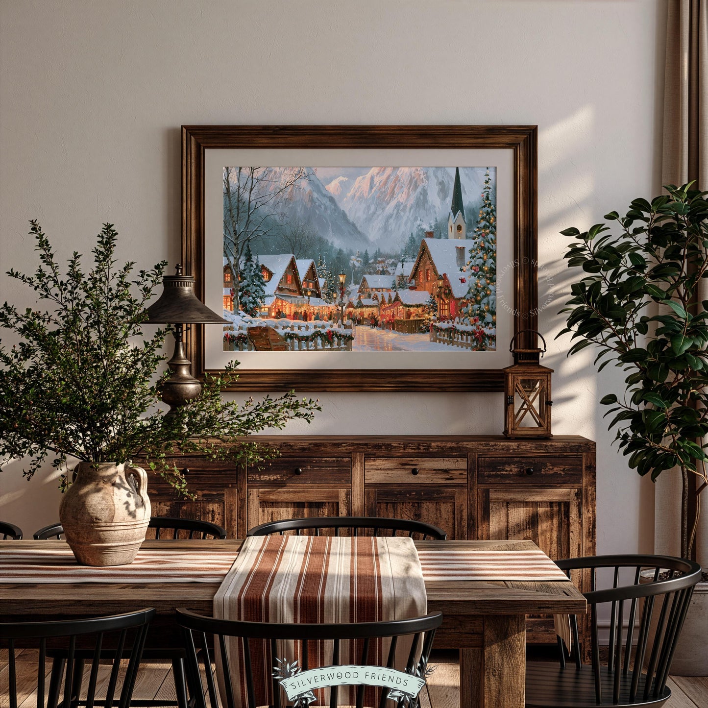 Festive farmhouse winter poster for living space — charming mountain settlement with decorated trees, sleigh, and golden evening glow