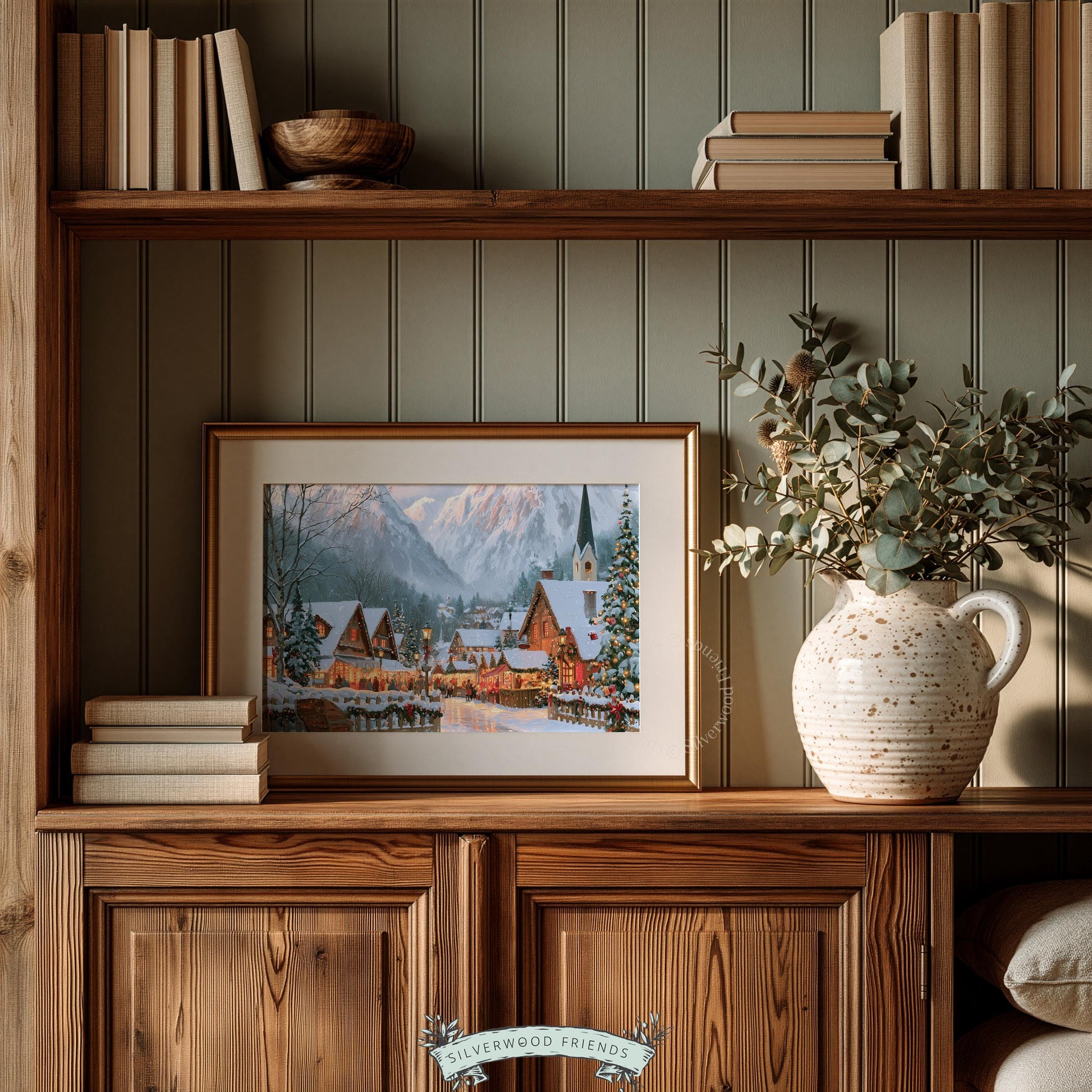 Cozy alpine settlement printable wall art for study — traditional European architecture dusted in snow with golden window light