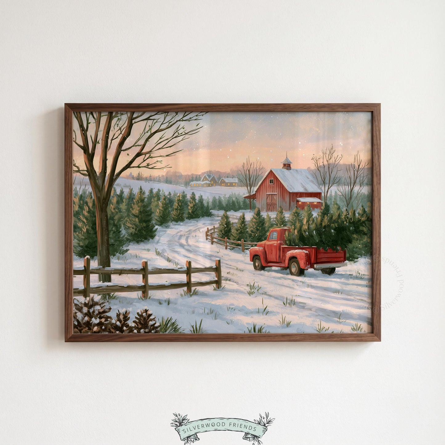 Farmhouse holiday scene wall decor — serene evergreen rows frame wooden fence and loaded pickup in warm winter light