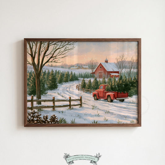 Farmhouse holiday scene wall decor — serene evergreen rows frame wooden fence and loaded pickup in warm winter light