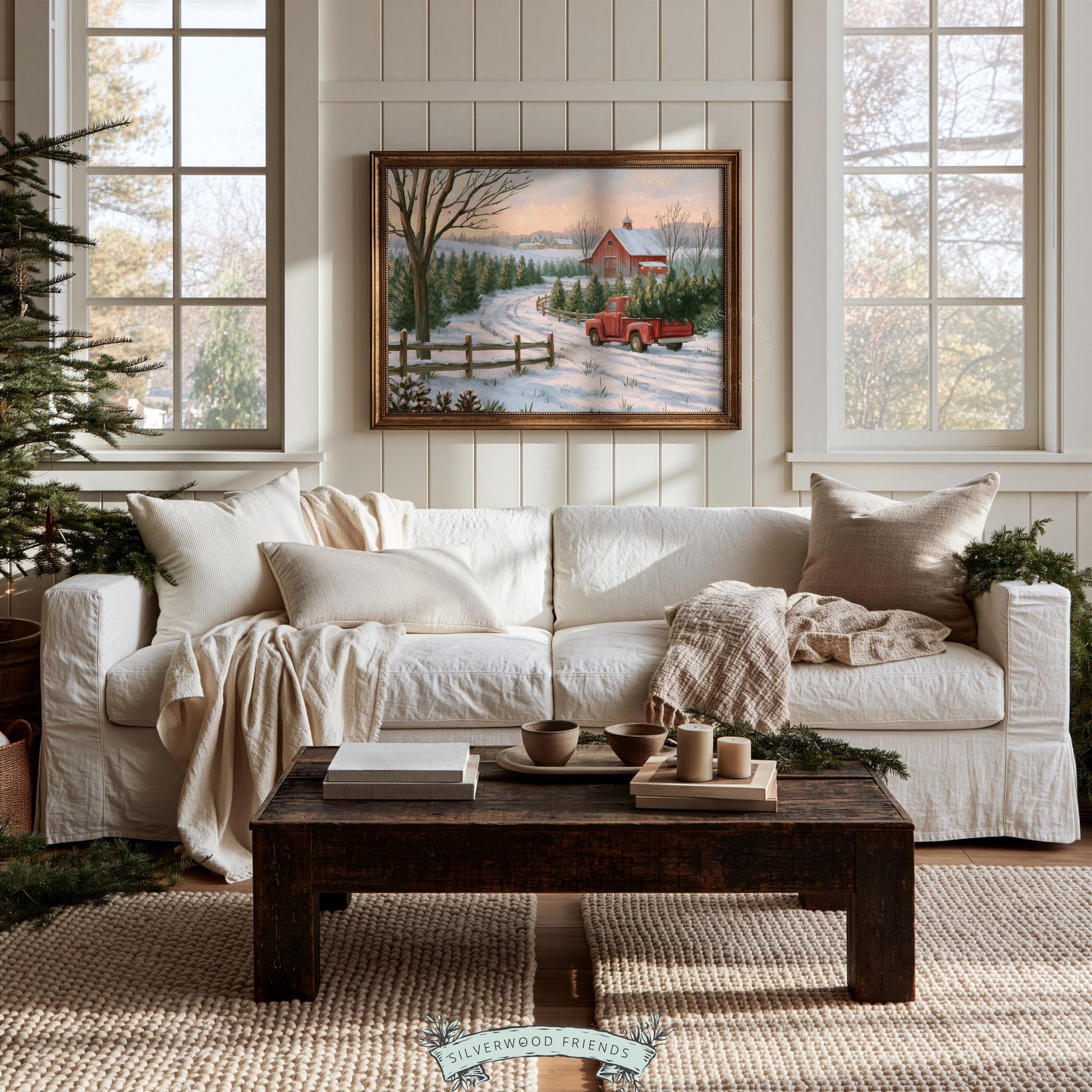 Vintage winter pastoral print for kitchen — soft brushwork captures quiet tree farm at golden twilight with classic red truck